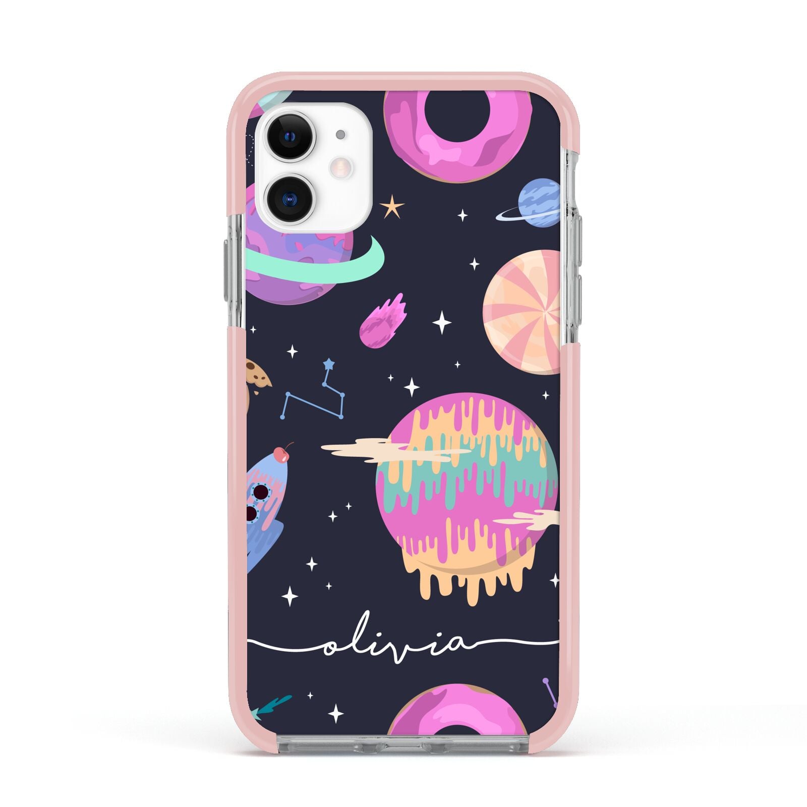 Super Sweet Galactic Custom Name Apple iPhone 11 in White with Pink Impact Case