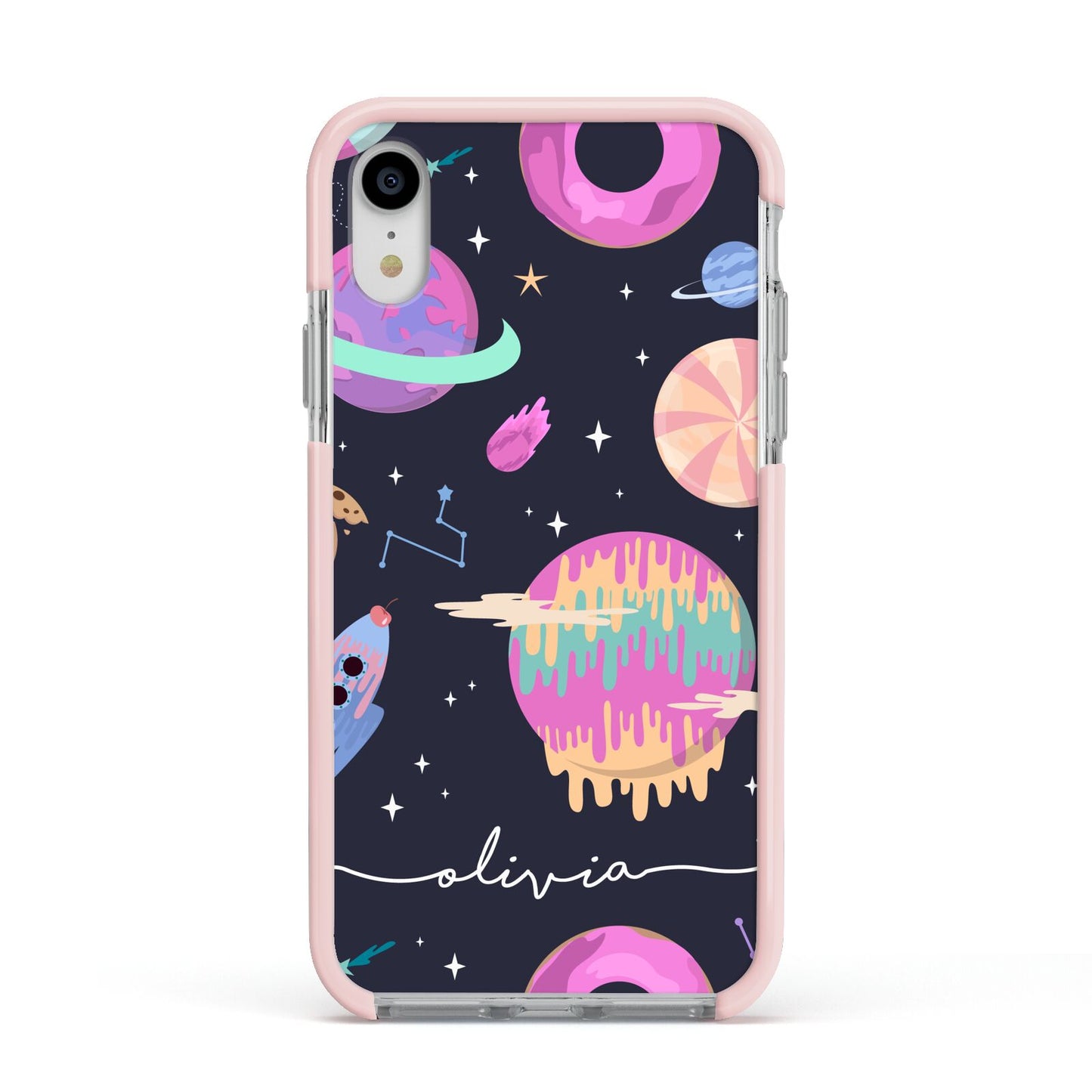 Super Sweet Galactic Custom Name Apple iPhone XR Impact Case Pink Edge on Silver Phone