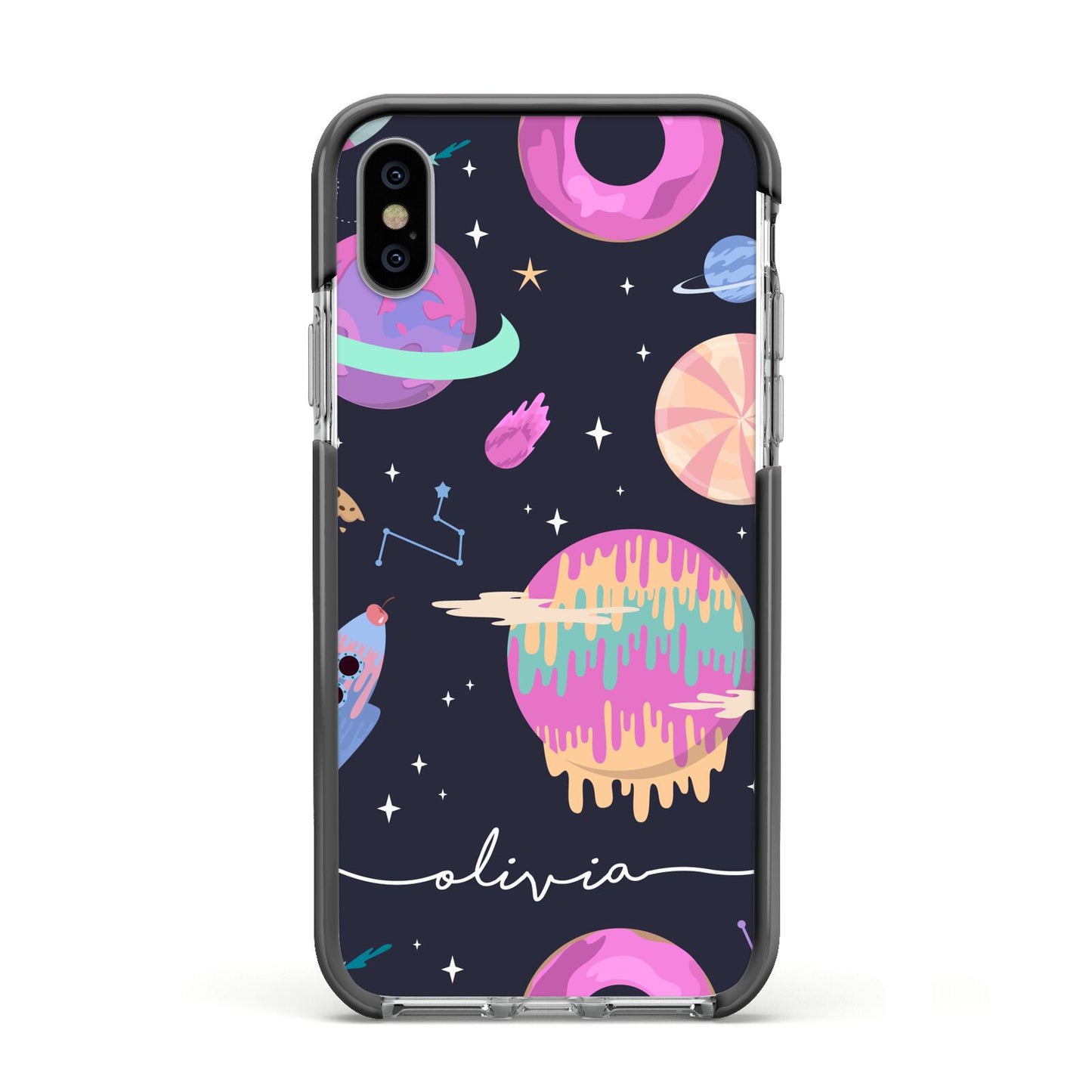 Super Sweet Galactic Custom Name Apple iPhone Xs Impact Case Black Edge on Silver Phone