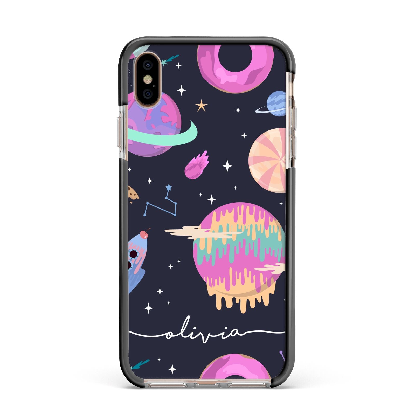 Super Sweet Galactic Custom Name Apple iPhone Xs Max Impact Case Black Edge on Gold Phone