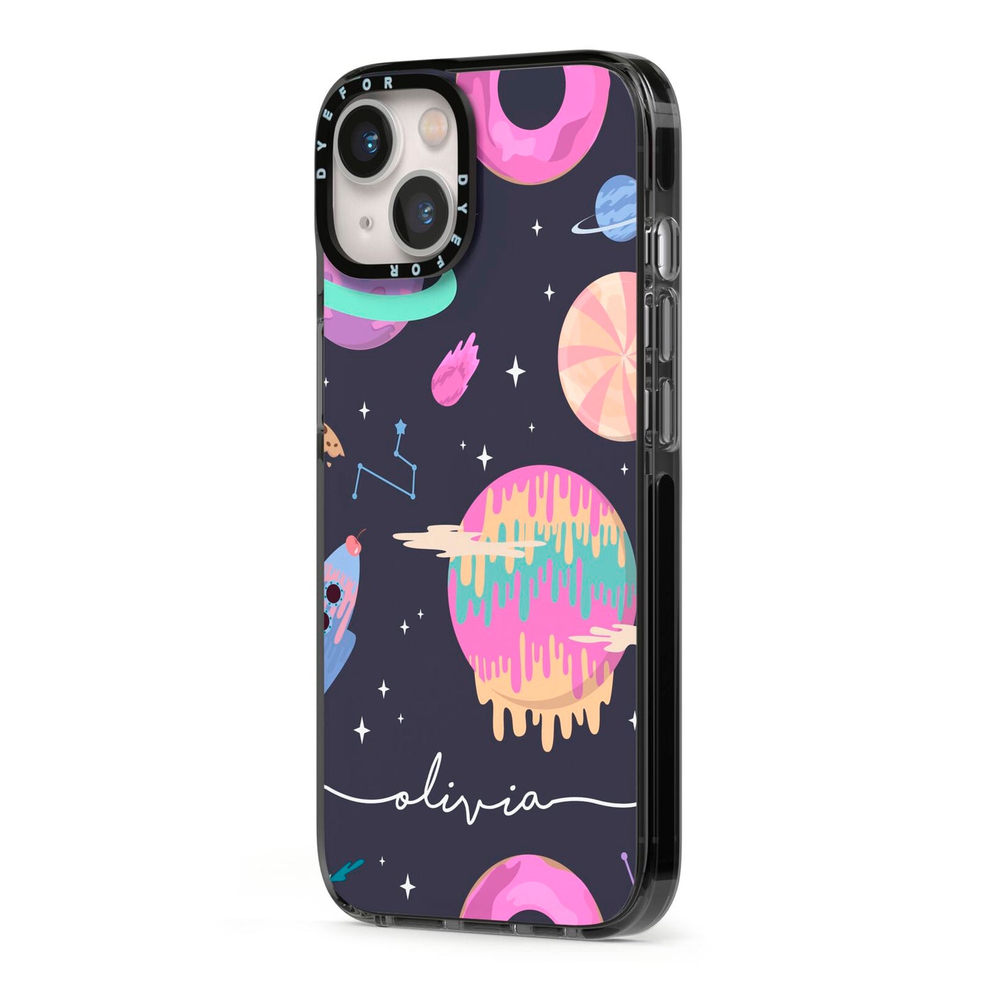 Super Sweet Galactic Custom Name iPhone 13 Black Impact Case Side Angle on Silver phone