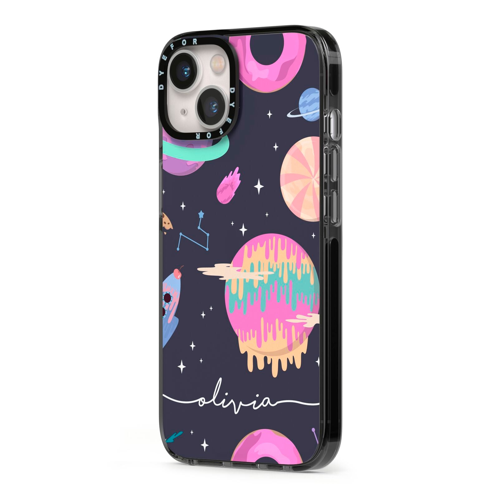 Super Sweet Galactic Custom Name iPhone 13 Black Impact Case Side Angle on Silver phone