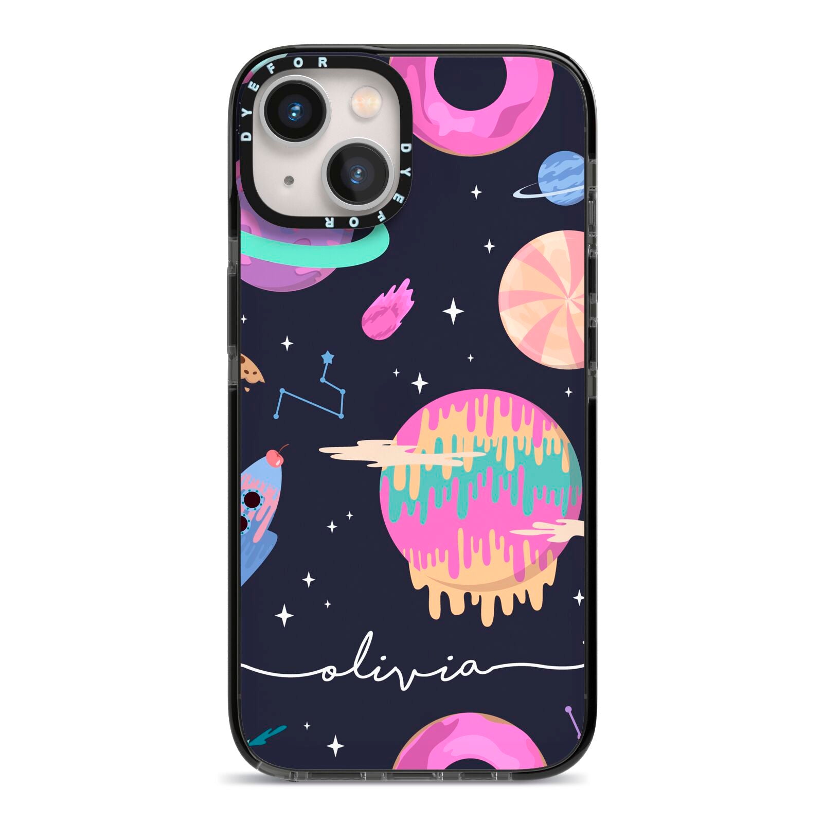 Super Sweet Galactic Custom Name iPhone 13 Black Impact Case on Silver phone