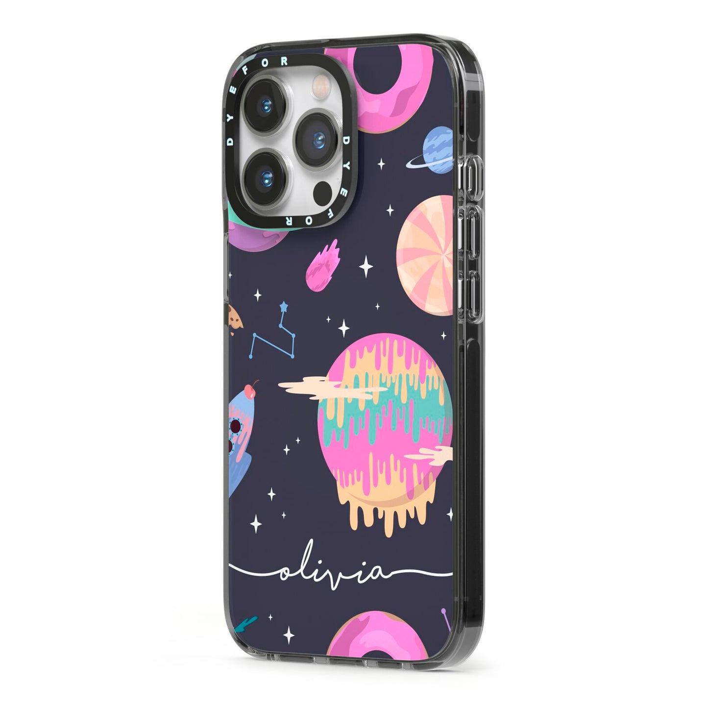 Super Sweet Galactic Custom Name iPhone 13 Pro Black Impact Case Side Angle on Silver phone