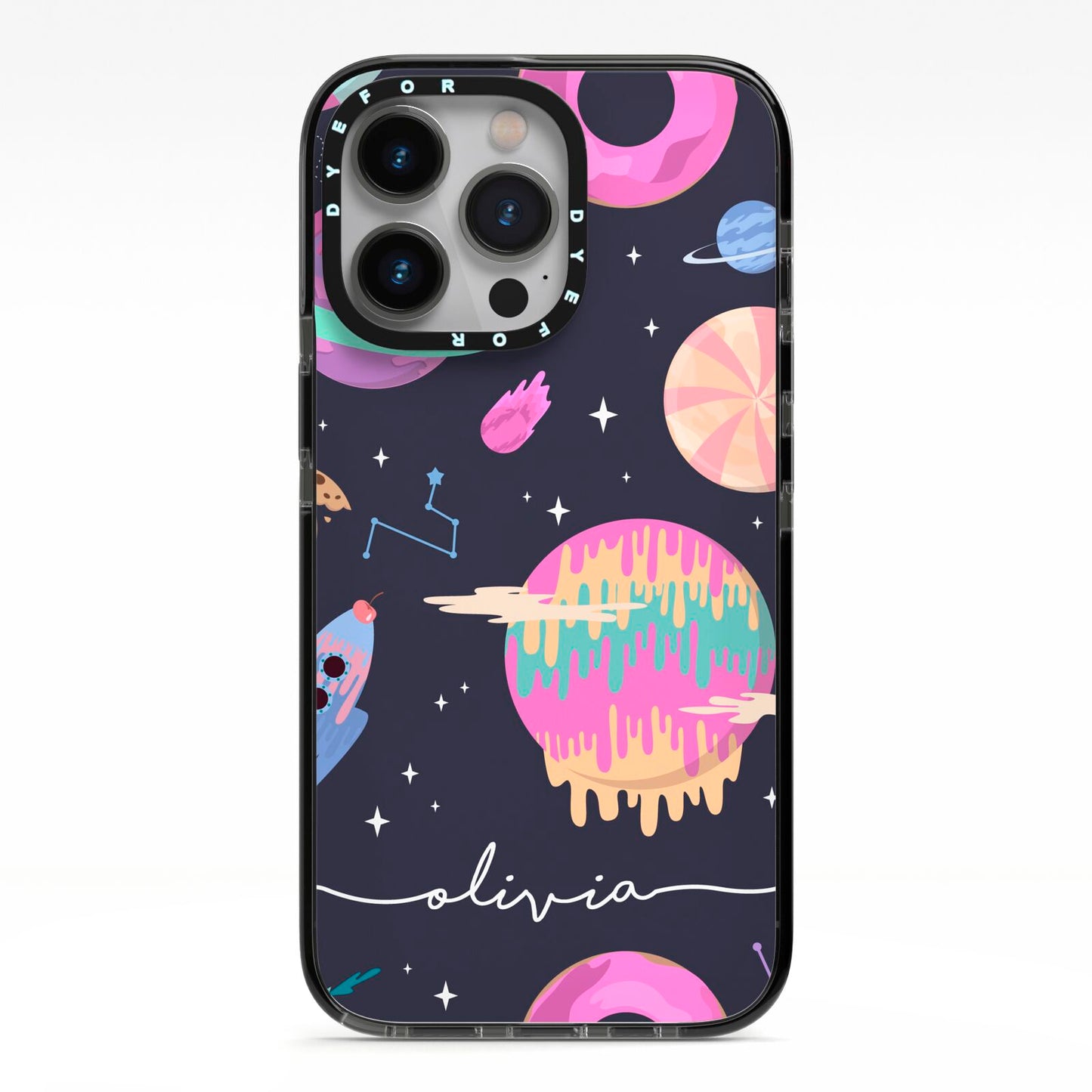 Super Sweet Galactic Custom Name iPhone 13 Pro Black Impact Case on Silver phone