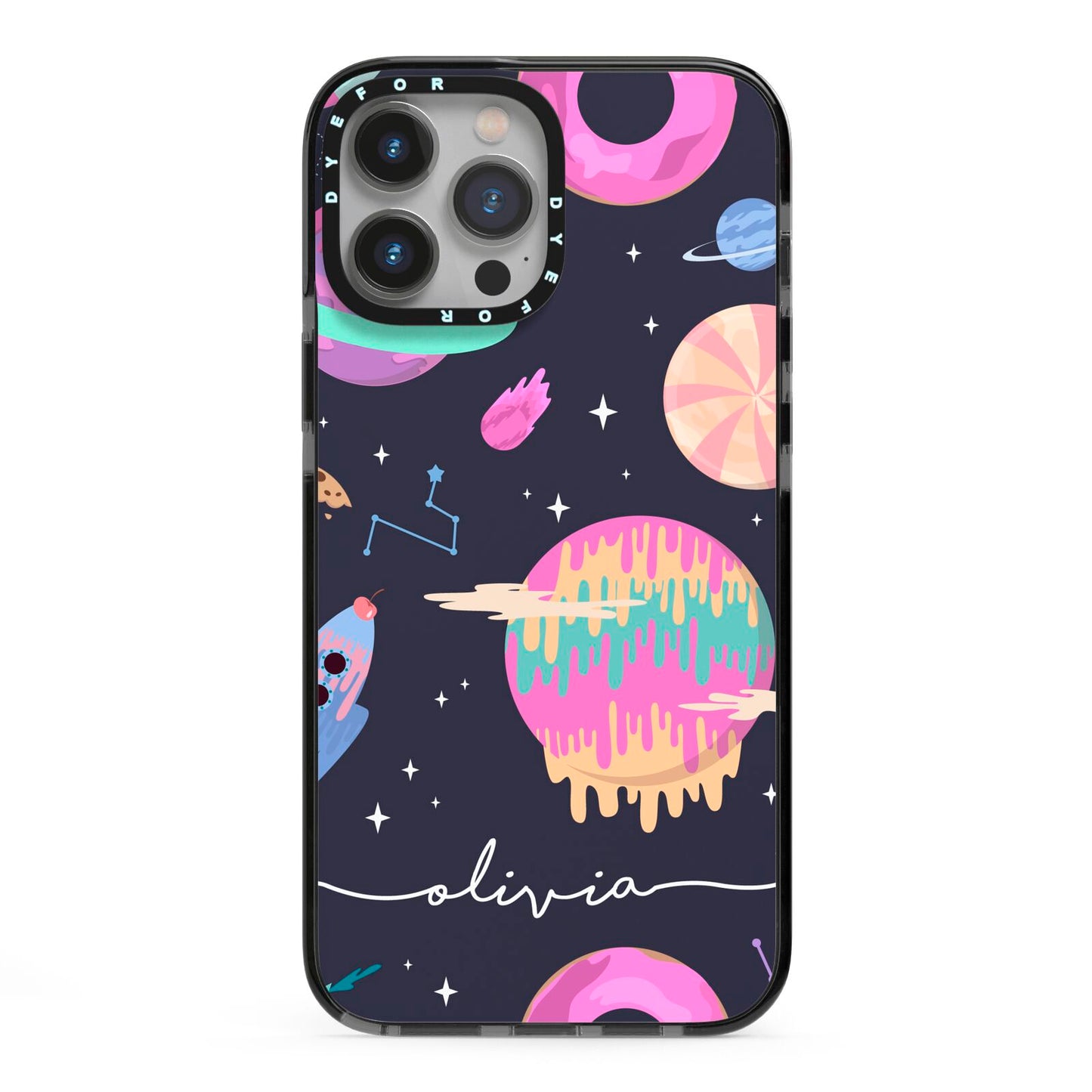 Super Sweet Galactic Custom Name iPhone 13 Pro Max Black Impact Case on Silver phone