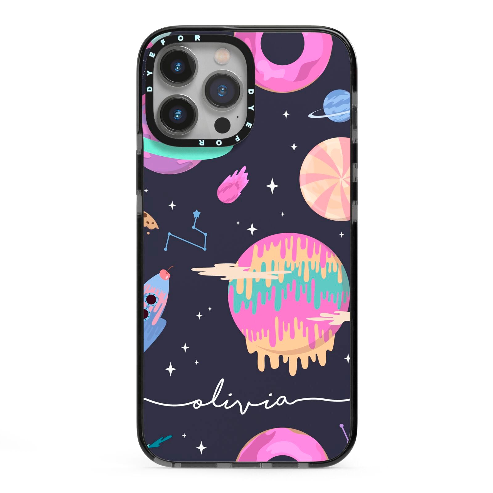 Super Sweet Galactic Custom Name iPhone 13 Pro Max Black Impact Case on Silver phone