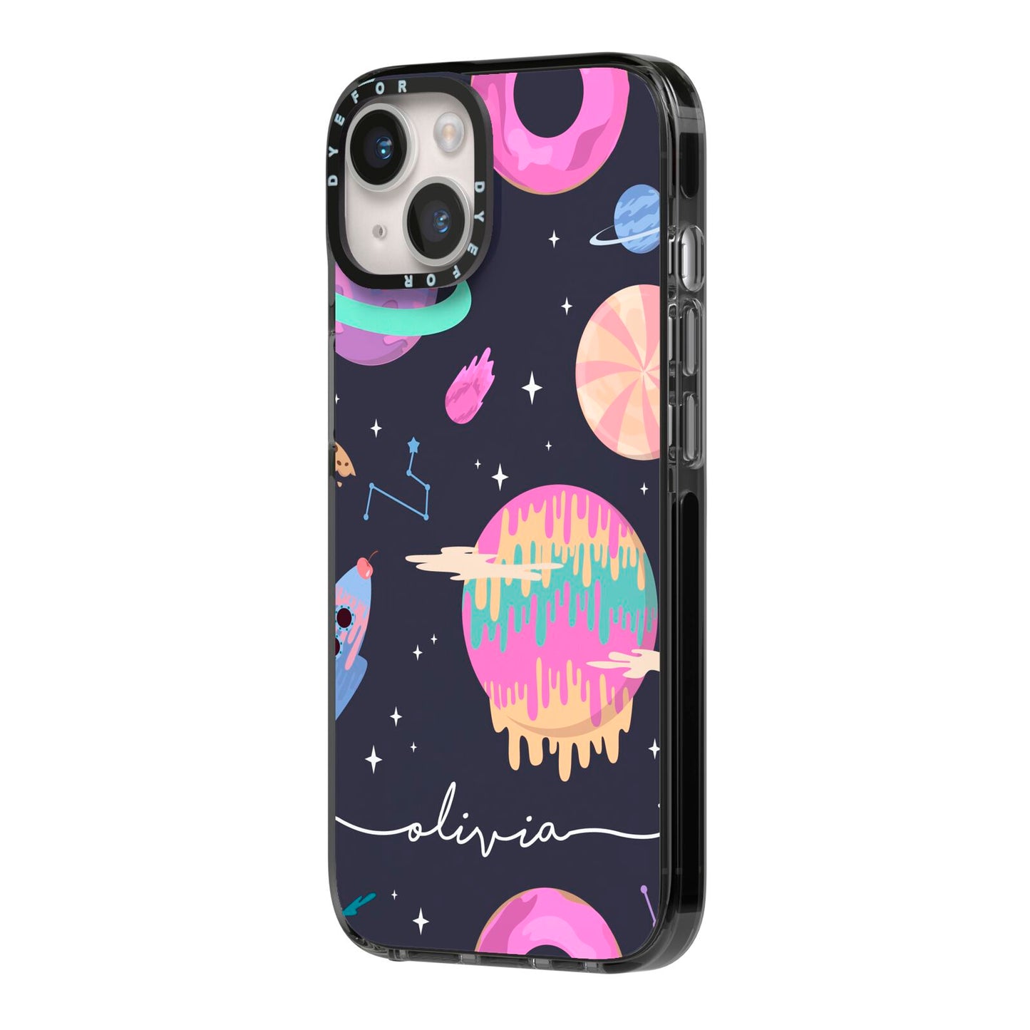 Super Sweet Galactic Custom Name iPhone 14 Black Impact Case Side Angle on Silver phone