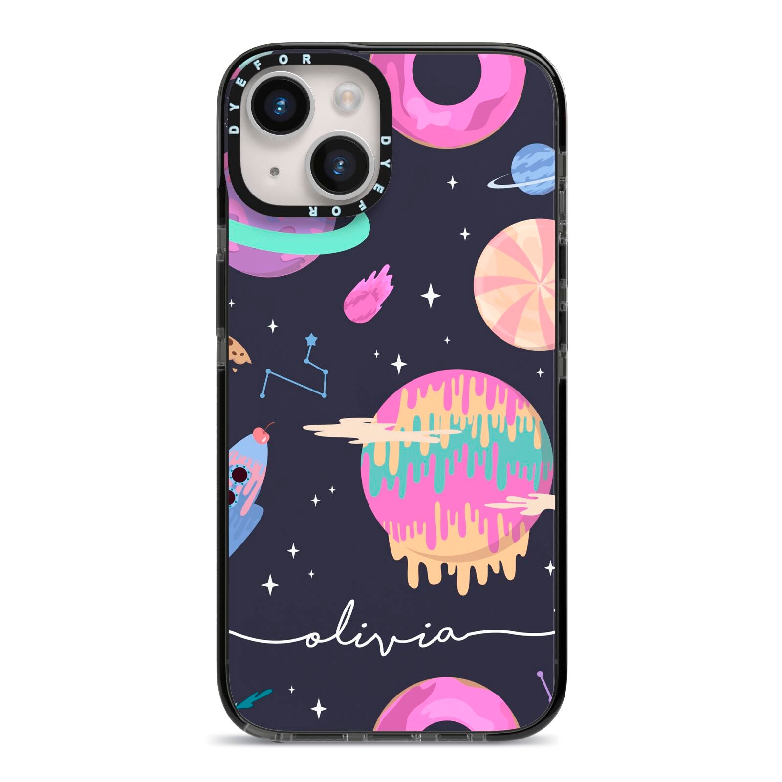 Super Sweet Galactic Custom Name iPhone 14 Black Impact Case on Silver phone