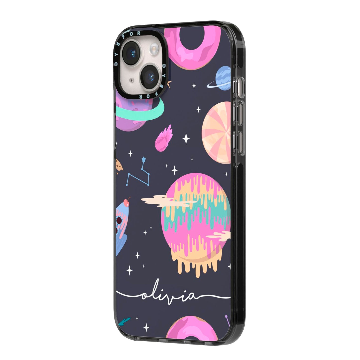 Super Sweet Galactic Custom Name iPhone 14 Plus Black Impact Case Side Angle on Silver phone