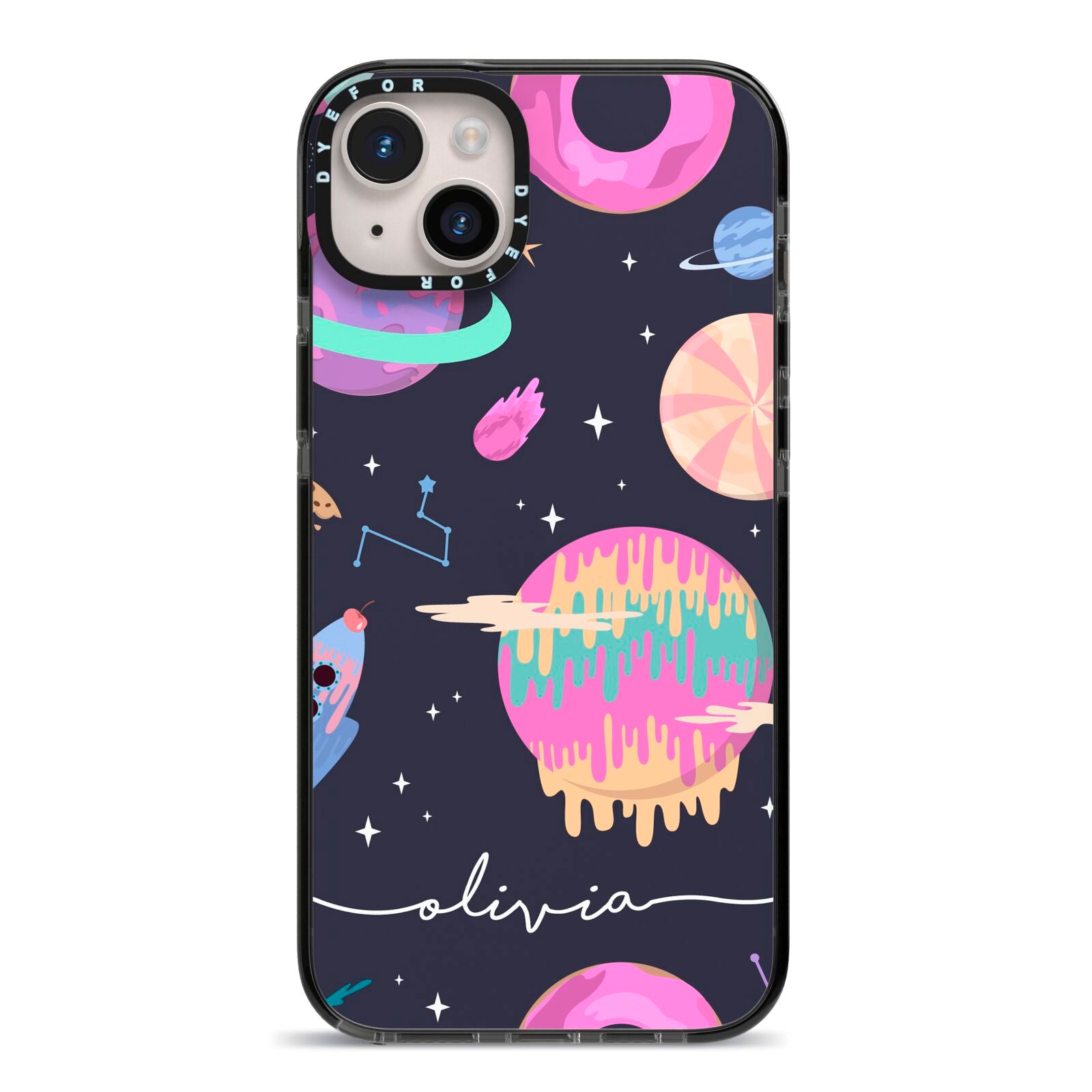 Super Sweet Galactic Custom Name iPhone 14 Plus Black Impact Case on Silver phone