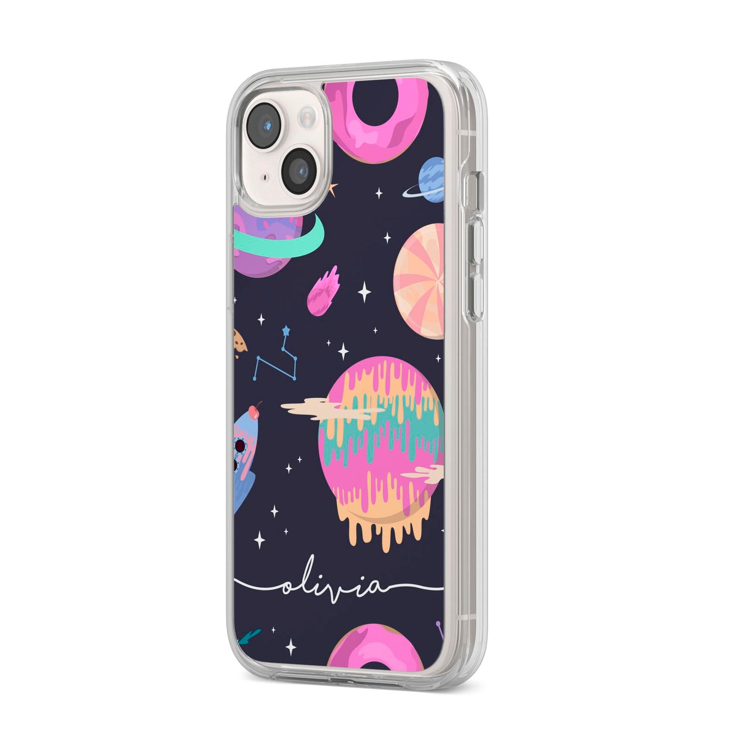 Super Sweet Galactic Custom Name iPhone 14 Plus Clear Tough Case Starlight Angled Image