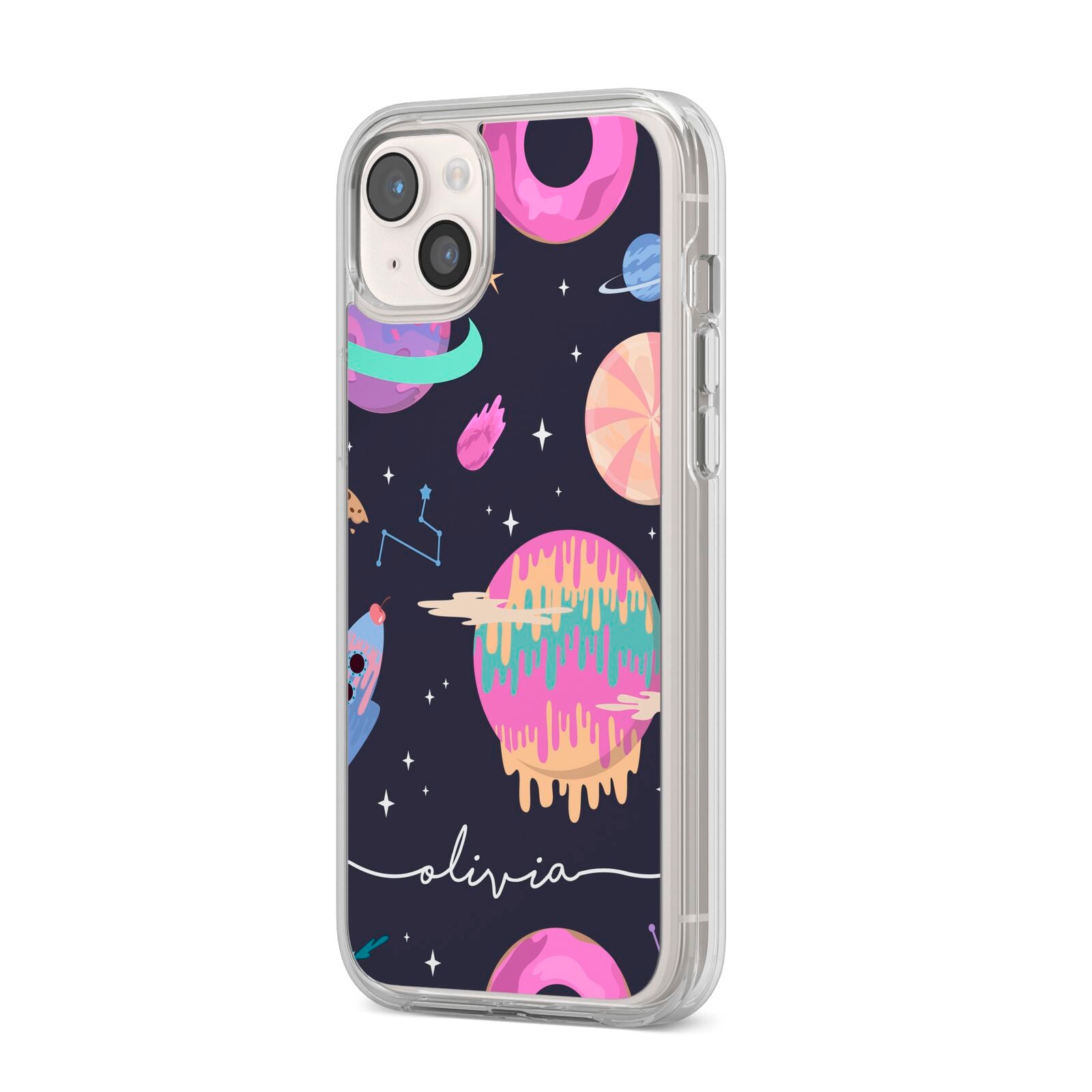 Super Sweet Galactic Custom Name iPhone 14 Plus Clear Tough Case Starlight Angled Image