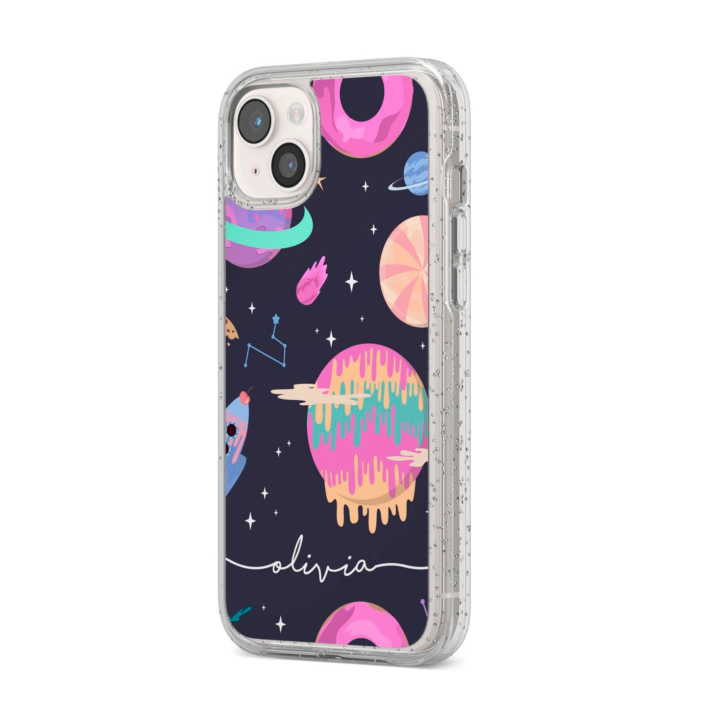 Super Sweet Galactic Custom Name iPhone 14 Plus Glitter Tough Case Starlight Angled Image
