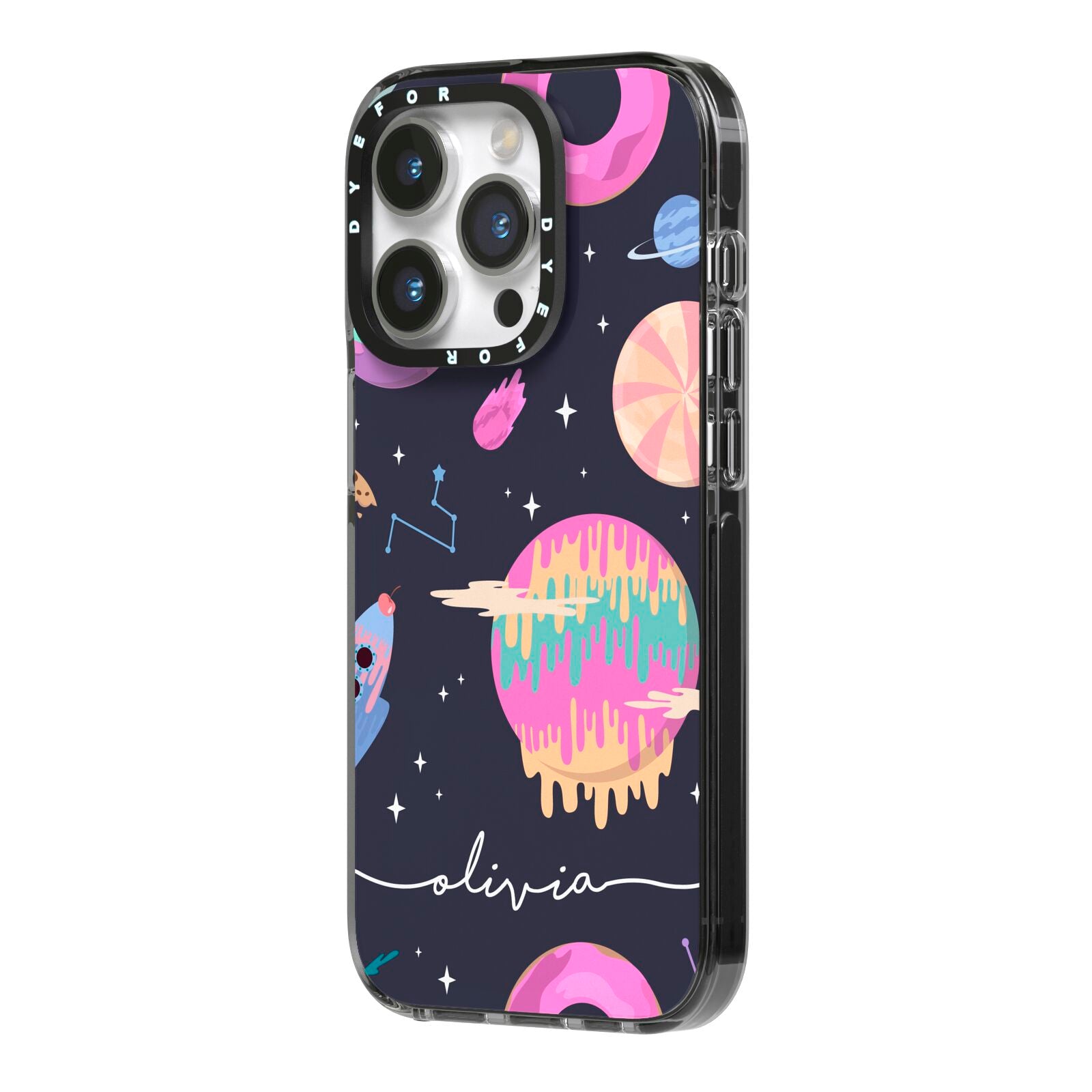 Super Sweet Galactic Custom Name iPhone 14 Pro Black Impact Case Side Angle on Silver phone