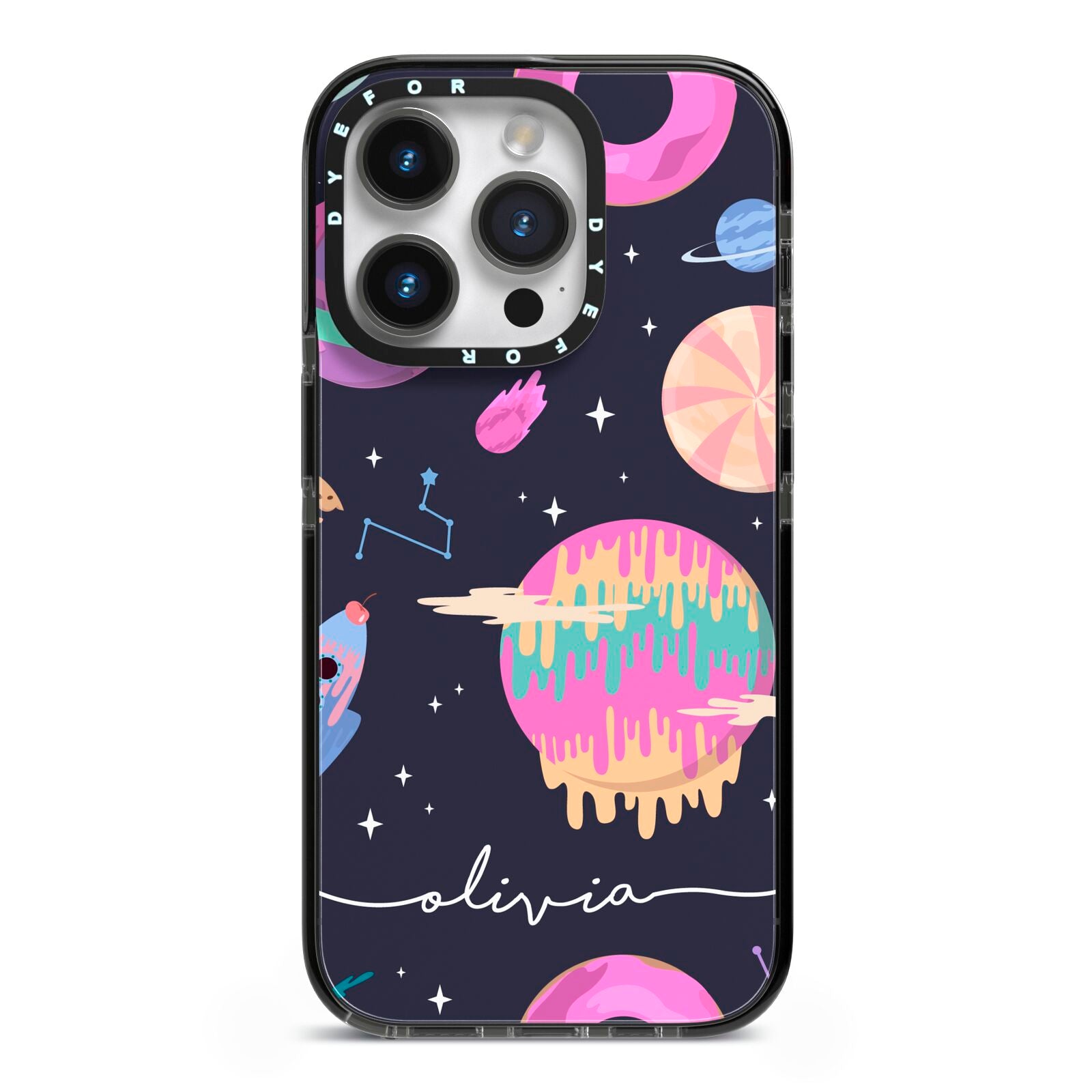 Super Sweet Galactic Custom Name iPhone 14 Pro Black Impact Case on Silver phone
