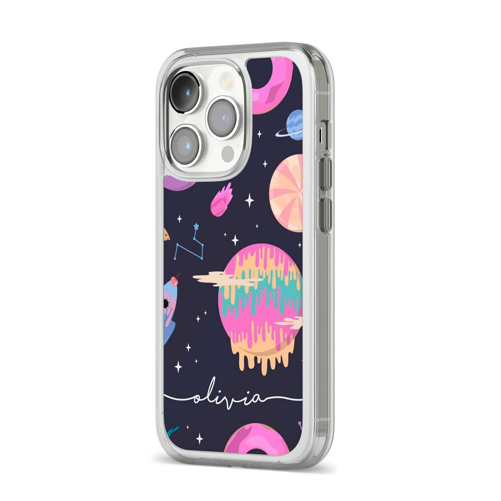 Super Sweet Galactic Custom Name iPhone 14 Pro Clear Tough Case Silver Angled Image