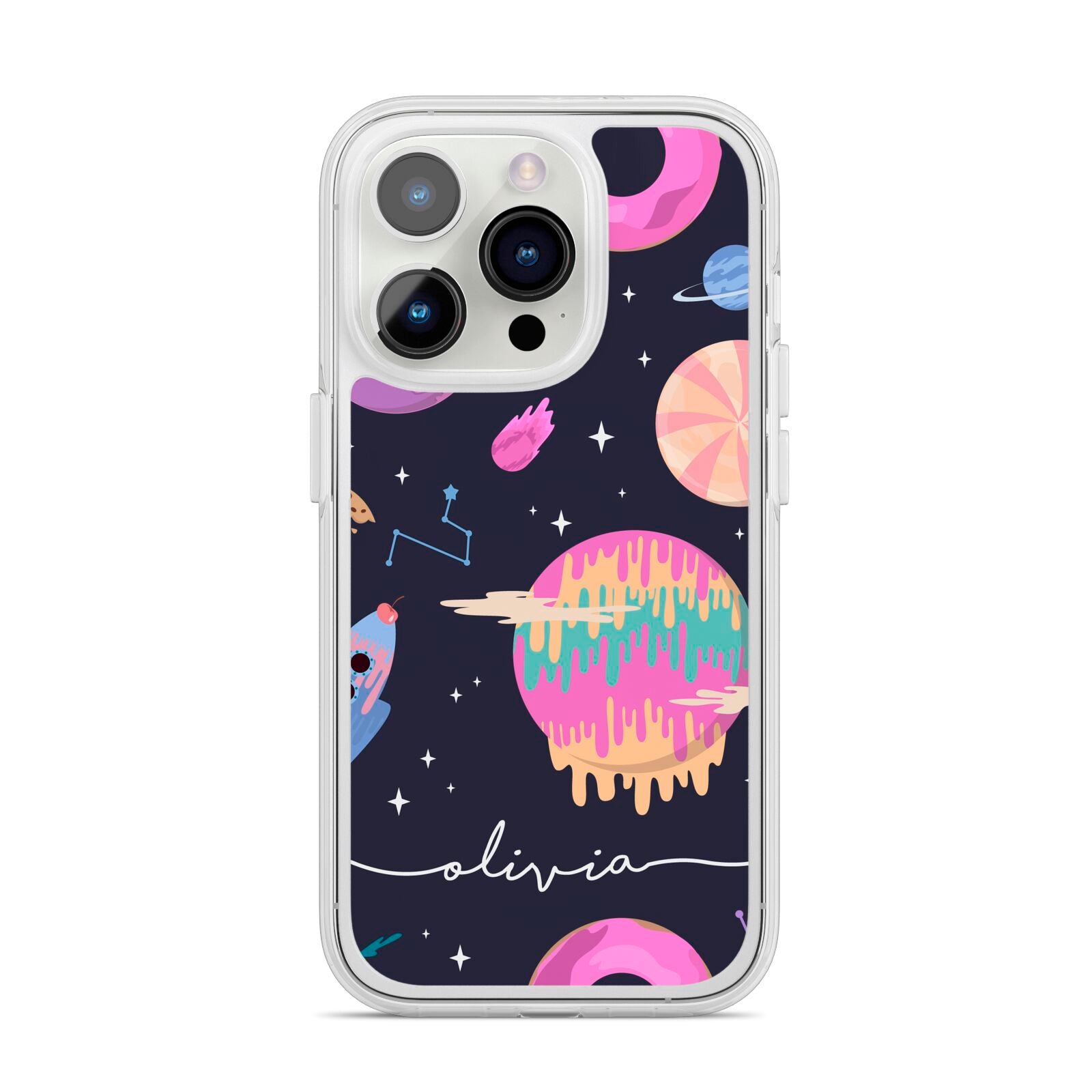 Super Sweet Galactic Custom Name iPhone 14 Pro Clear Tough Case Silver