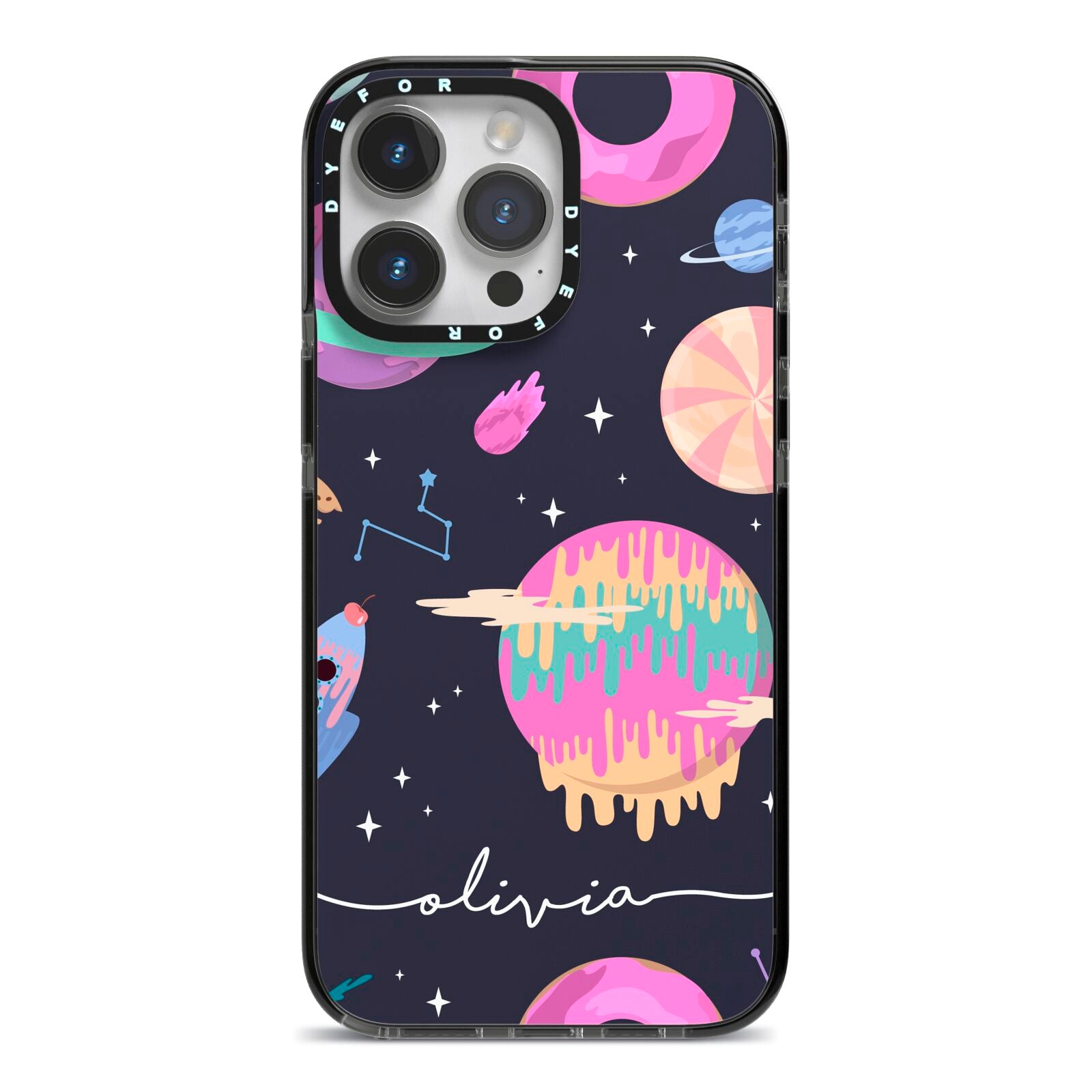 Super Sweet Galactic Custom Name iPhone 14 Pro Max Black Impact Case on Silver phone
