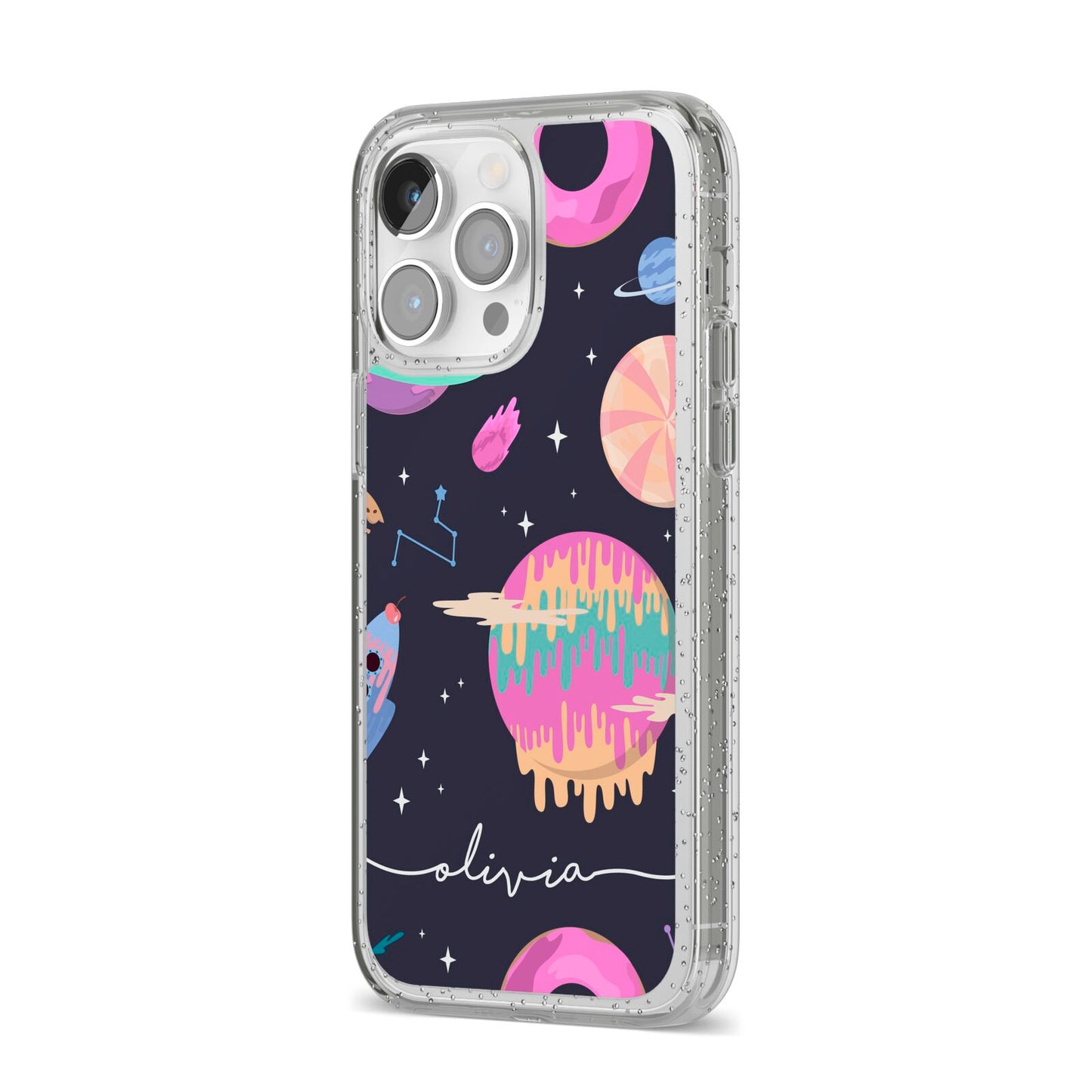 Super Sweet Galactic Custom Name iPhone 14 Pro Max Glitter Tough Case Silver Angled Image