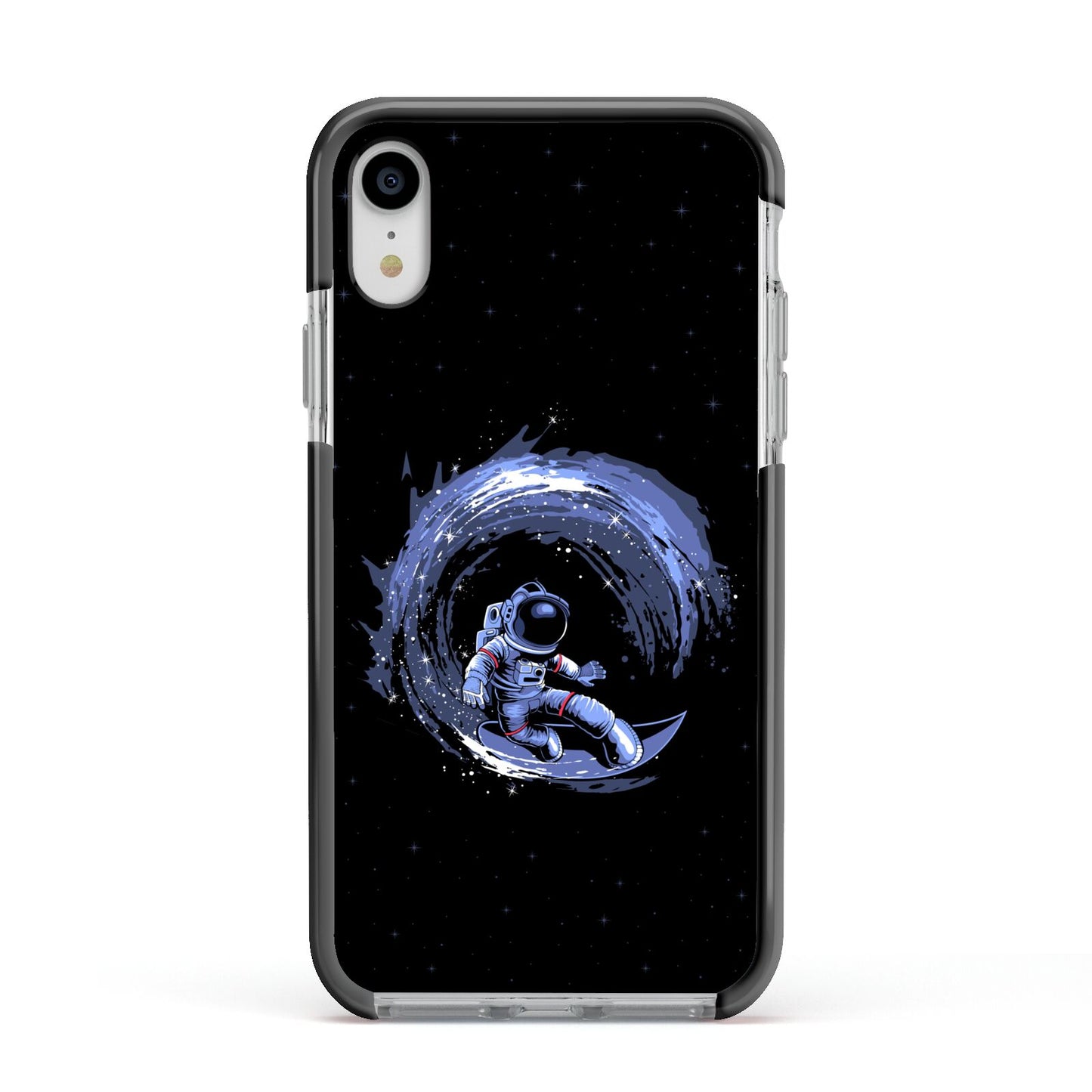 Surfing Astronaut Apple iPhone XR Impact Case Black Edge on Silver Phone