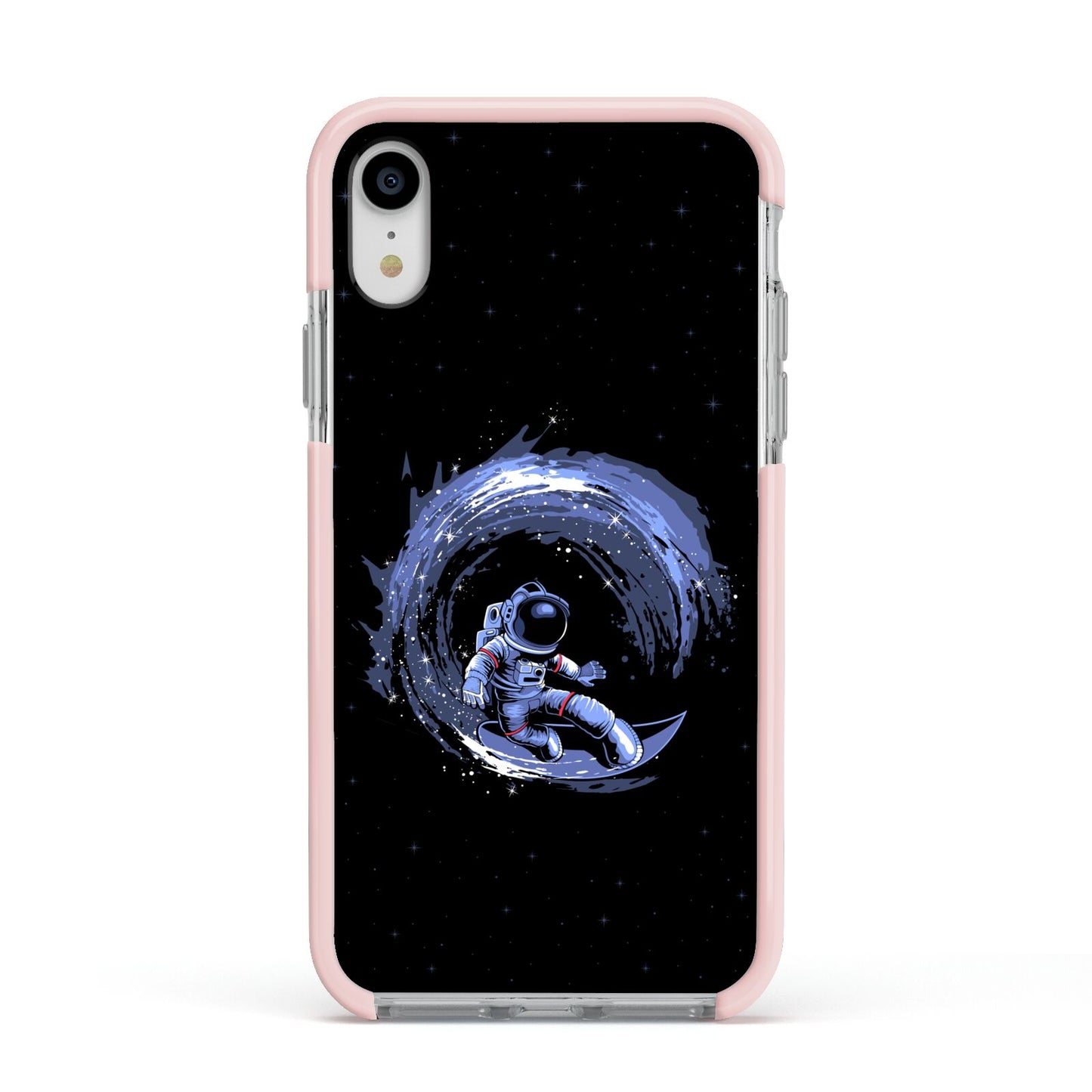 Surfing Astronaut Apple iPhone XR Impact Case Pink Edge on Silver Phone
