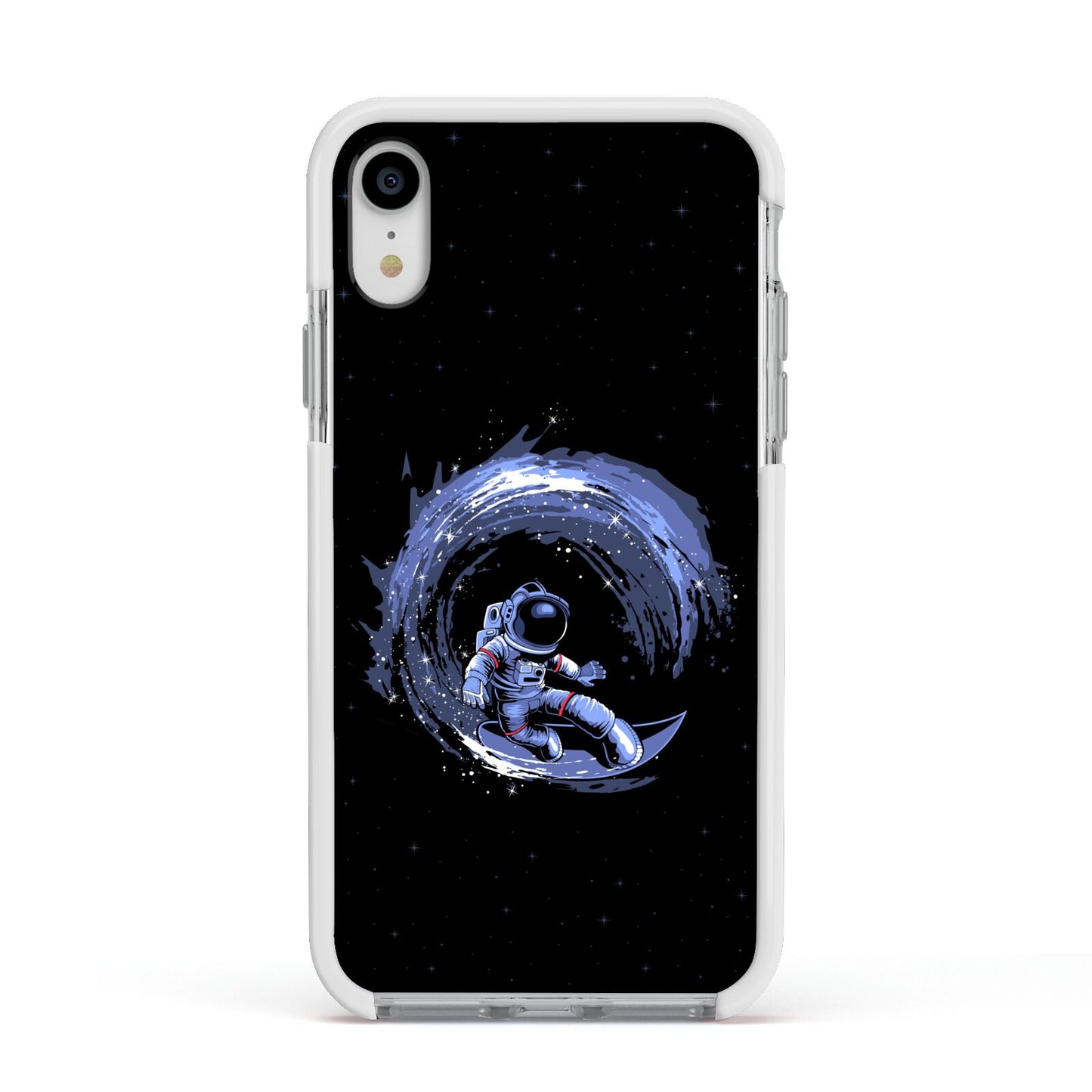 Surfing Astronaut Apple iPhone XR Impact Case White Edge on Silver Phone