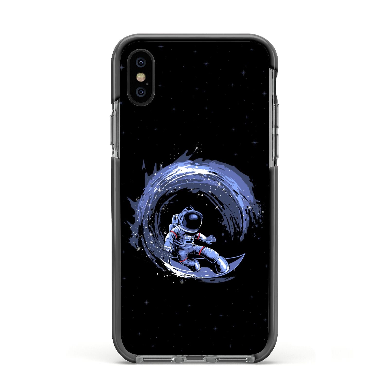 Surfing Astronaut Apple iPhone Xs Impact Case Black Edge on Black Phone