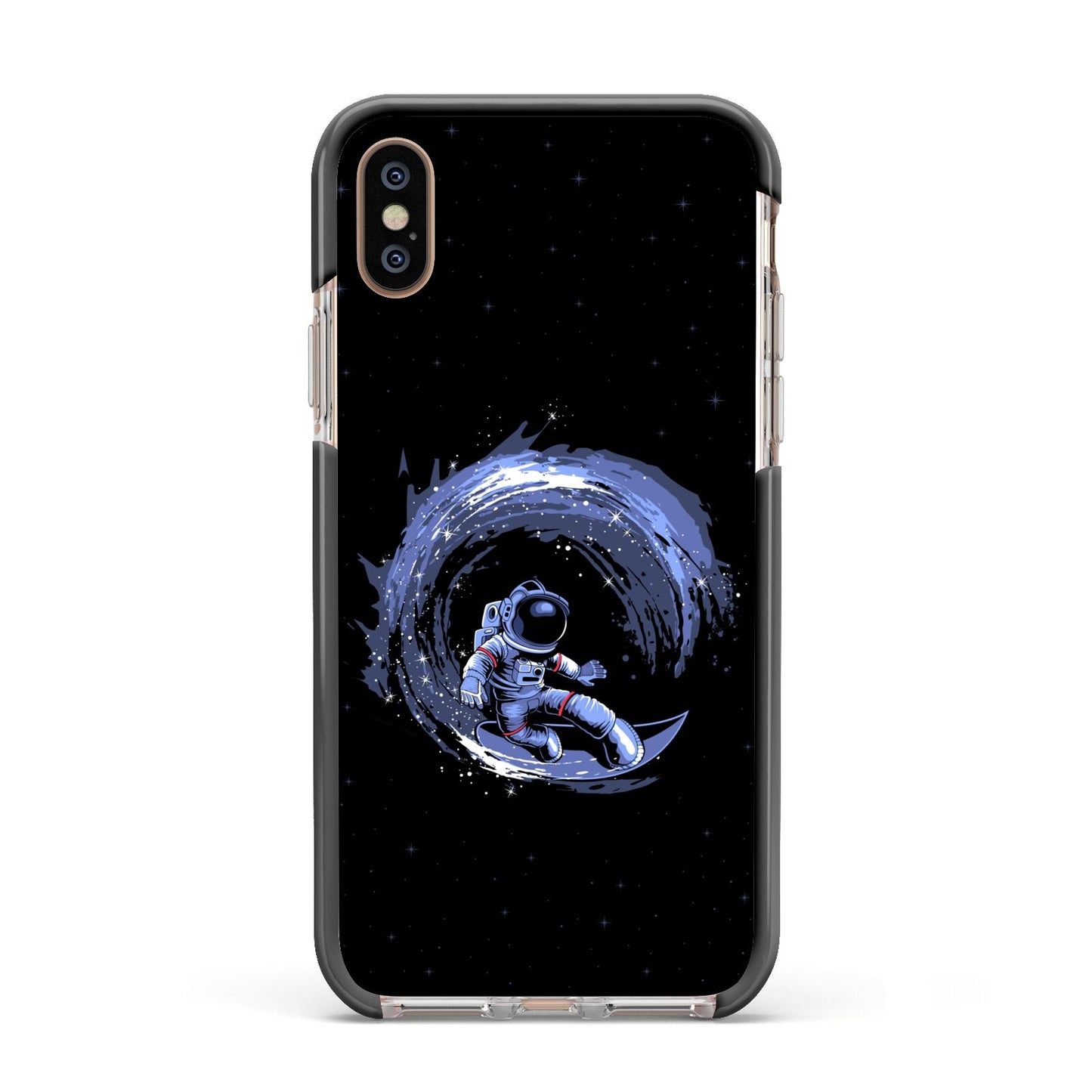 Surfing Astronaut Apple iPhone Xs Impact Case Black Edge on Gold Phone