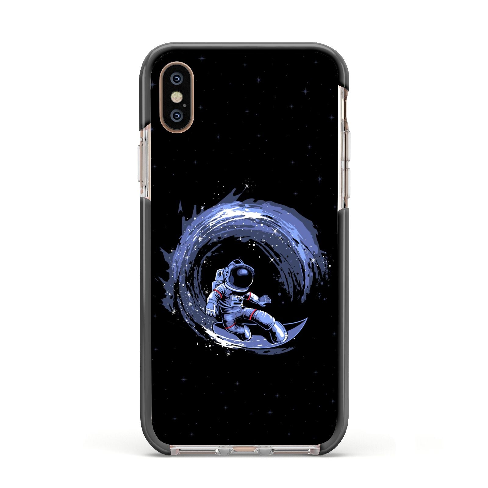 Surfing Astronaut Apple iPhone Xs Impact Case Black Edge on Gold Phone