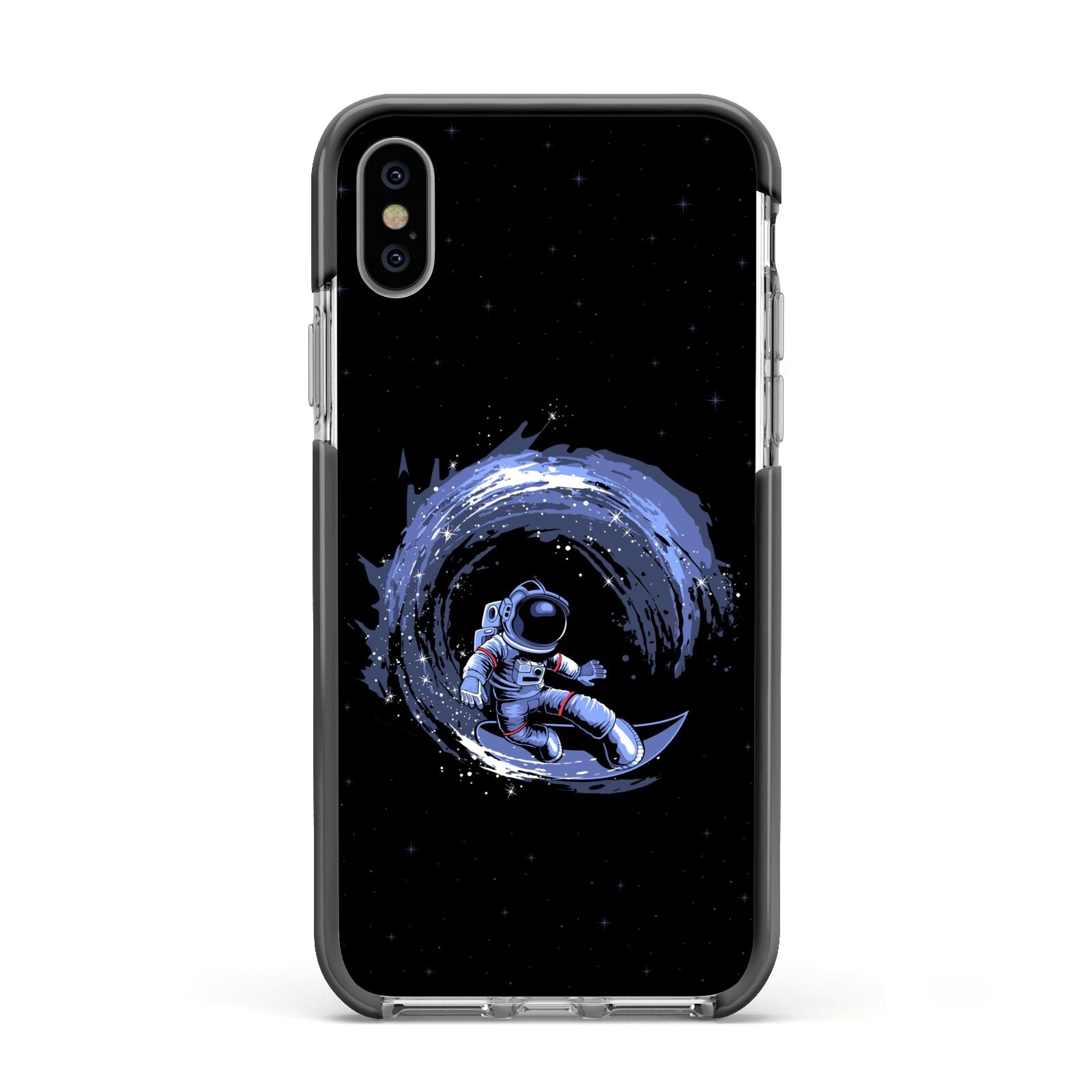 Surfing Astronaut Apple iPhone Xs Impact Case Black Edge on Silver Phone