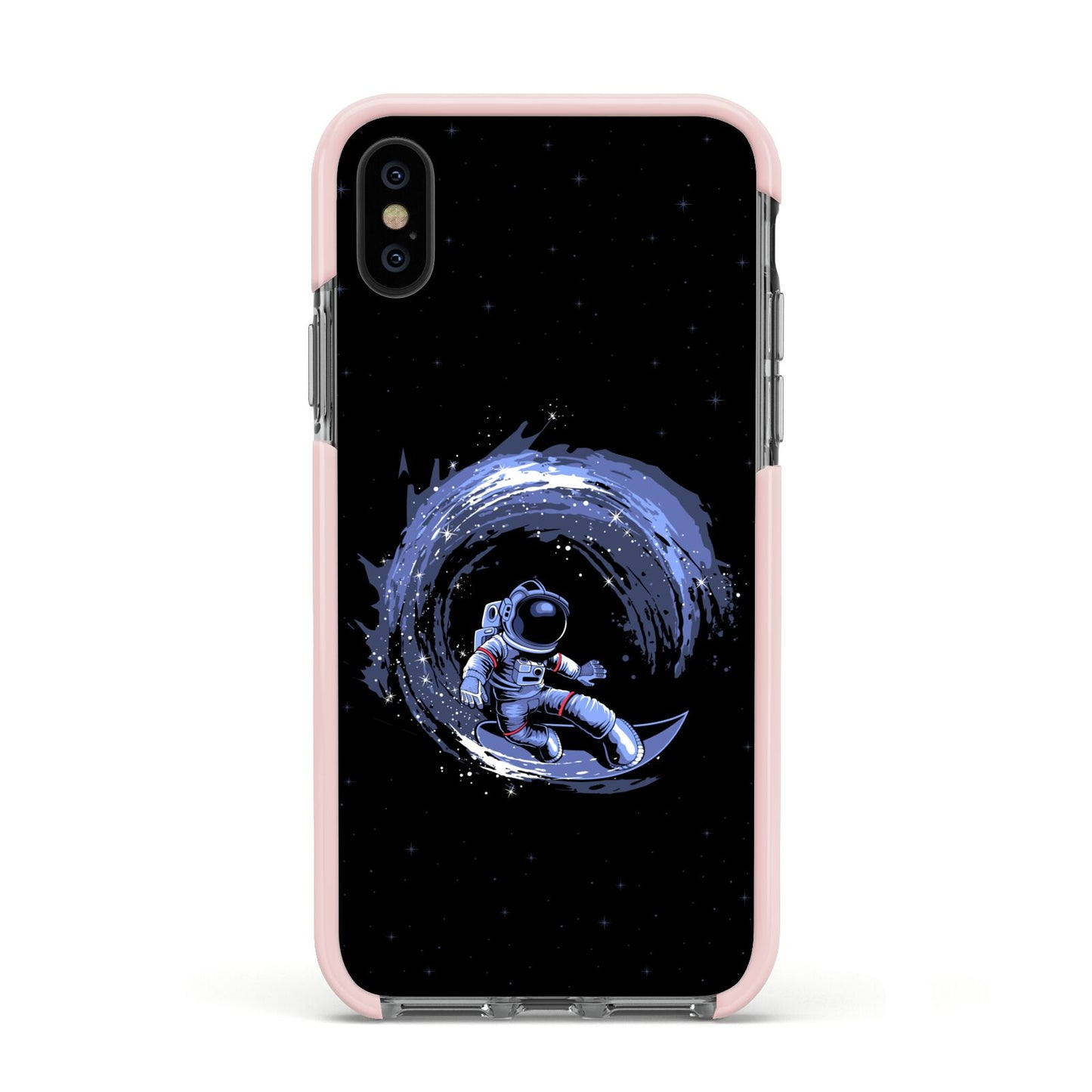 Surfing Astronaut Apple iPhone Xs Impact Case Pink Edge on Black Phone