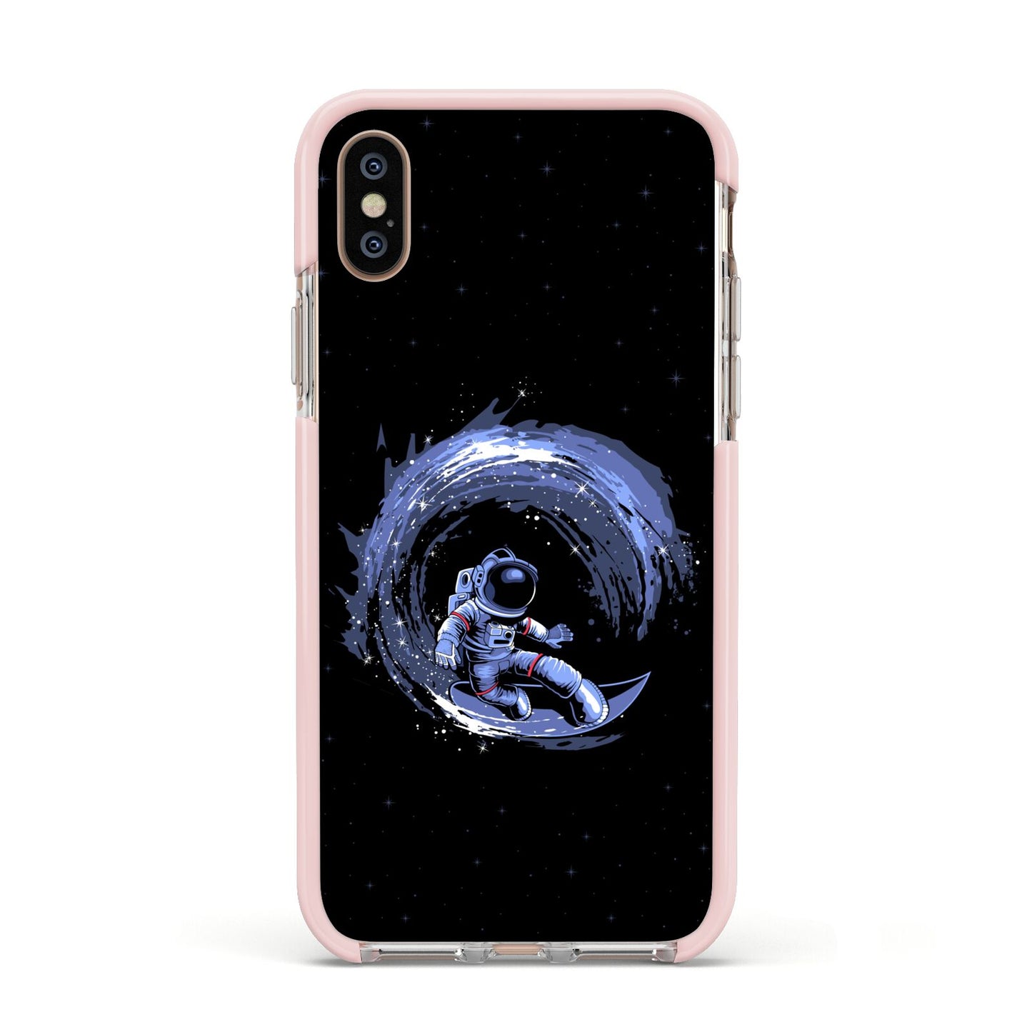 Surfing Astronaut Apple iPhone Xs Impact Case Pink Edge on Gold Phone