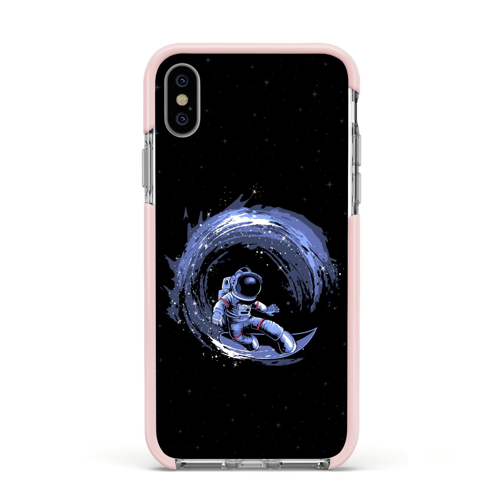 Surfing Astronaut Apple iPhone Xs Impact Case Pink Edge on Silver Phone