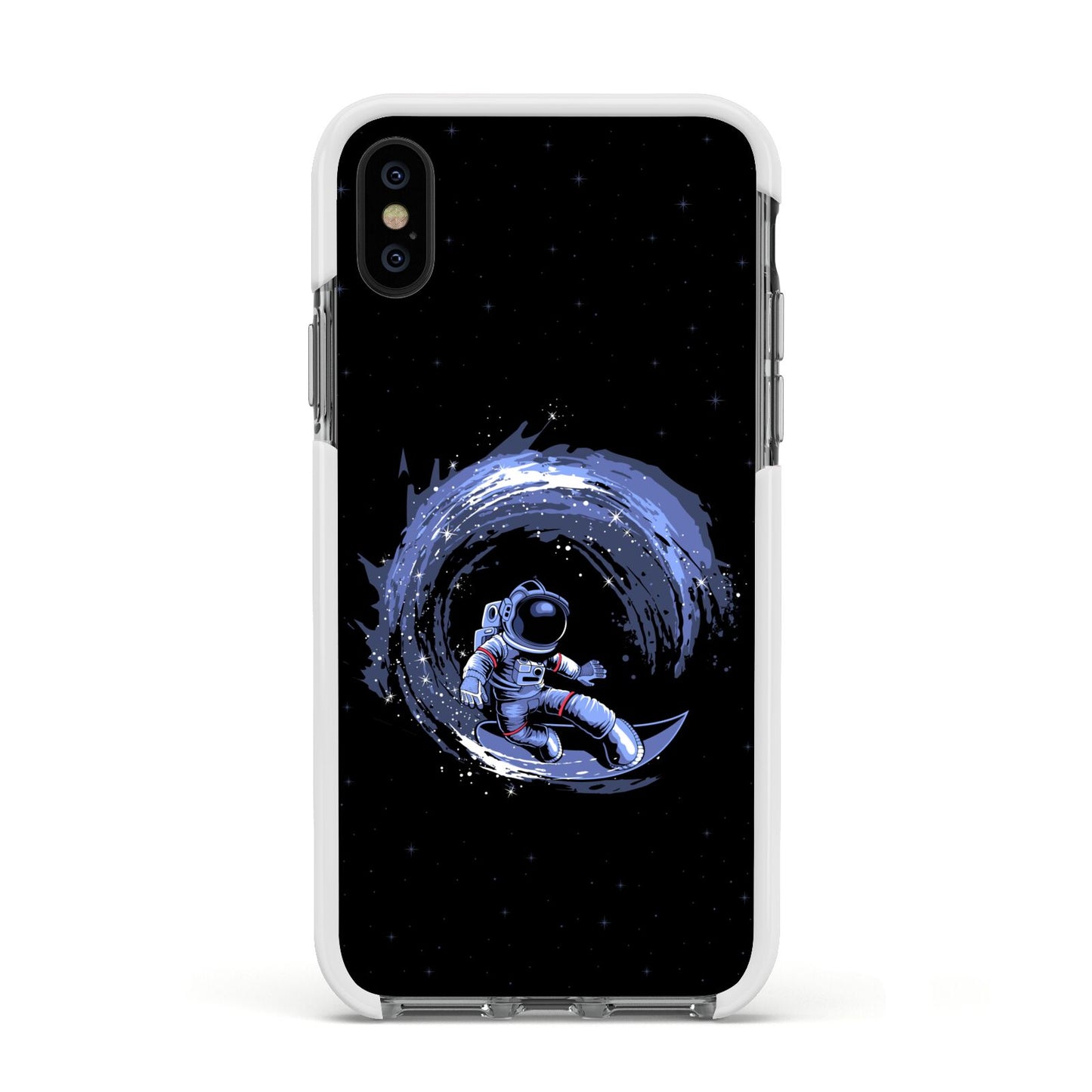 Surfing Astronaut Apple iPhone Xs Impact Case White Edge on Black Phone