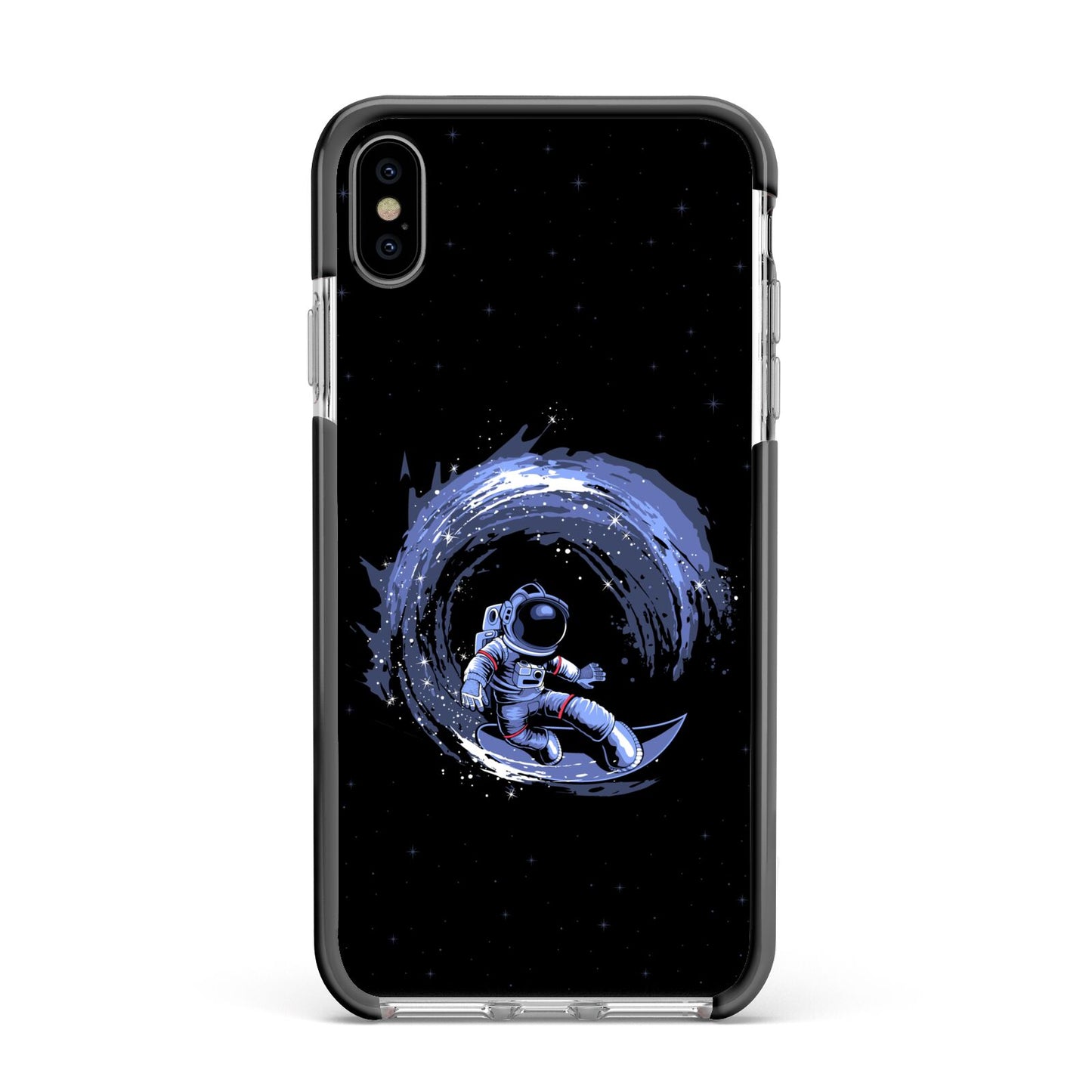 Surfing Astronaut Apple iPhone Xs Max Impact Case Black Edge on Silver Phone
