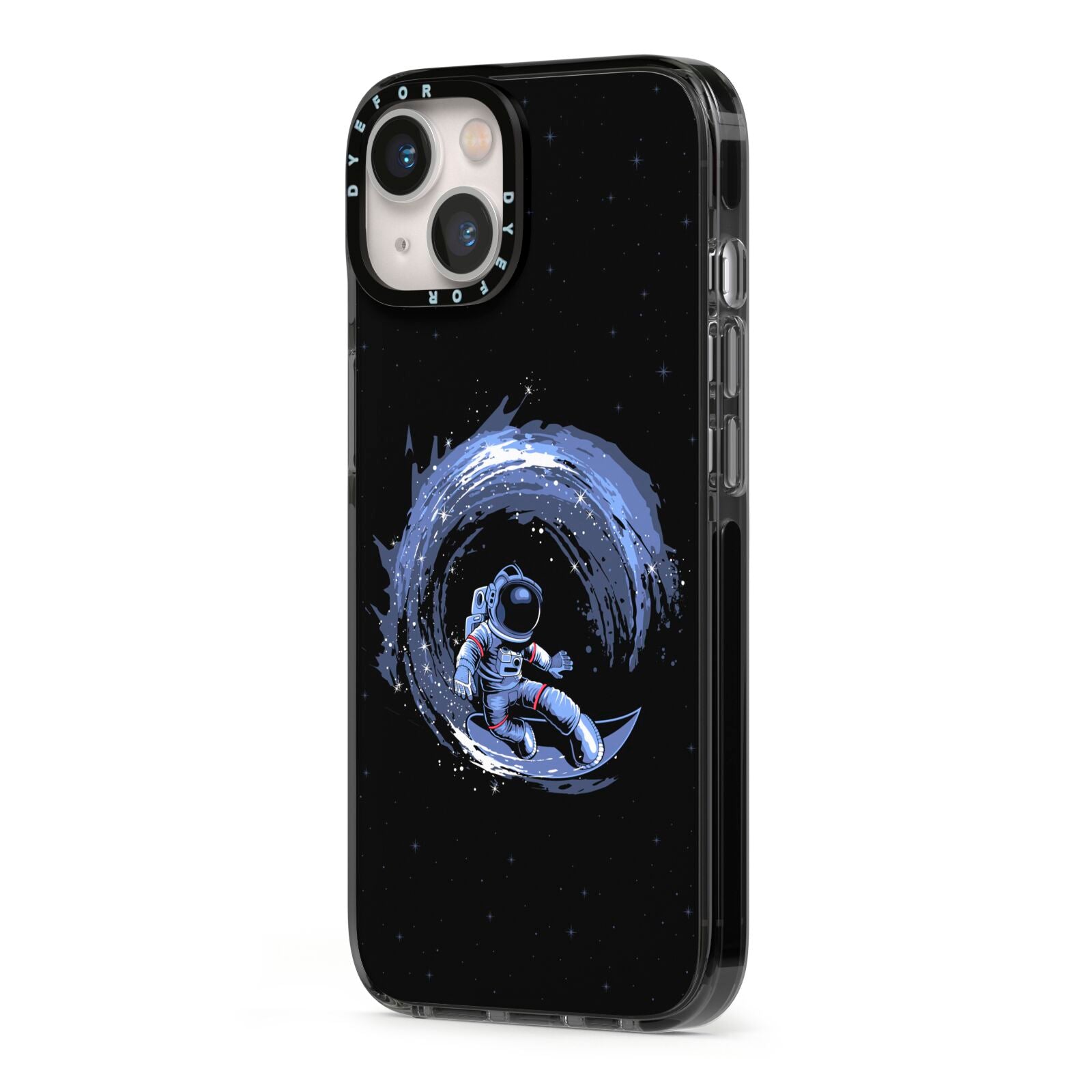 Surfing Astronaut iPhone 13 Black Impact Case Side Angle on Silver phone