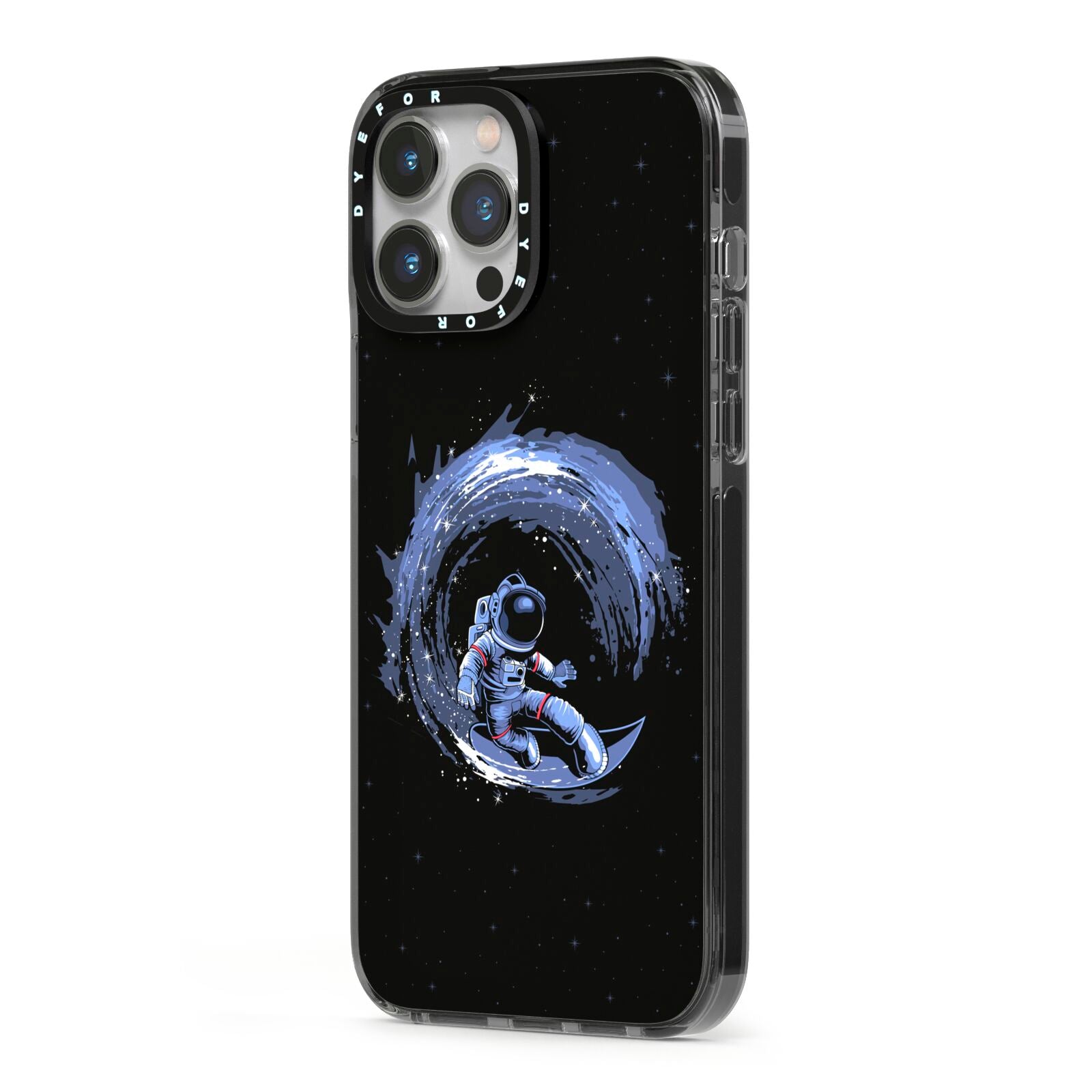 Surfing Astronaut iPhone 13 Pro Max Black Impact Case Side Angle on Silver phone