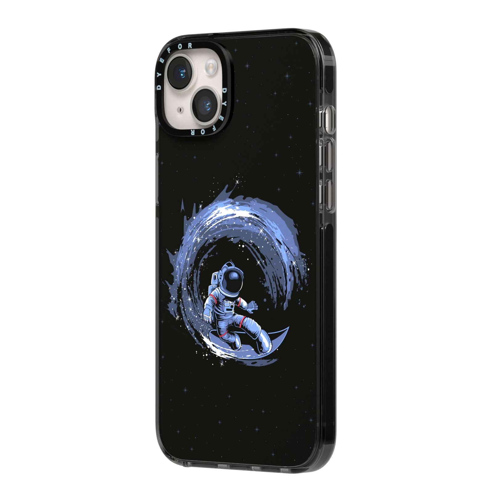 Surfing Astronaut iPhone 14 Plus Black Impact Case Side Angle on Silver phone