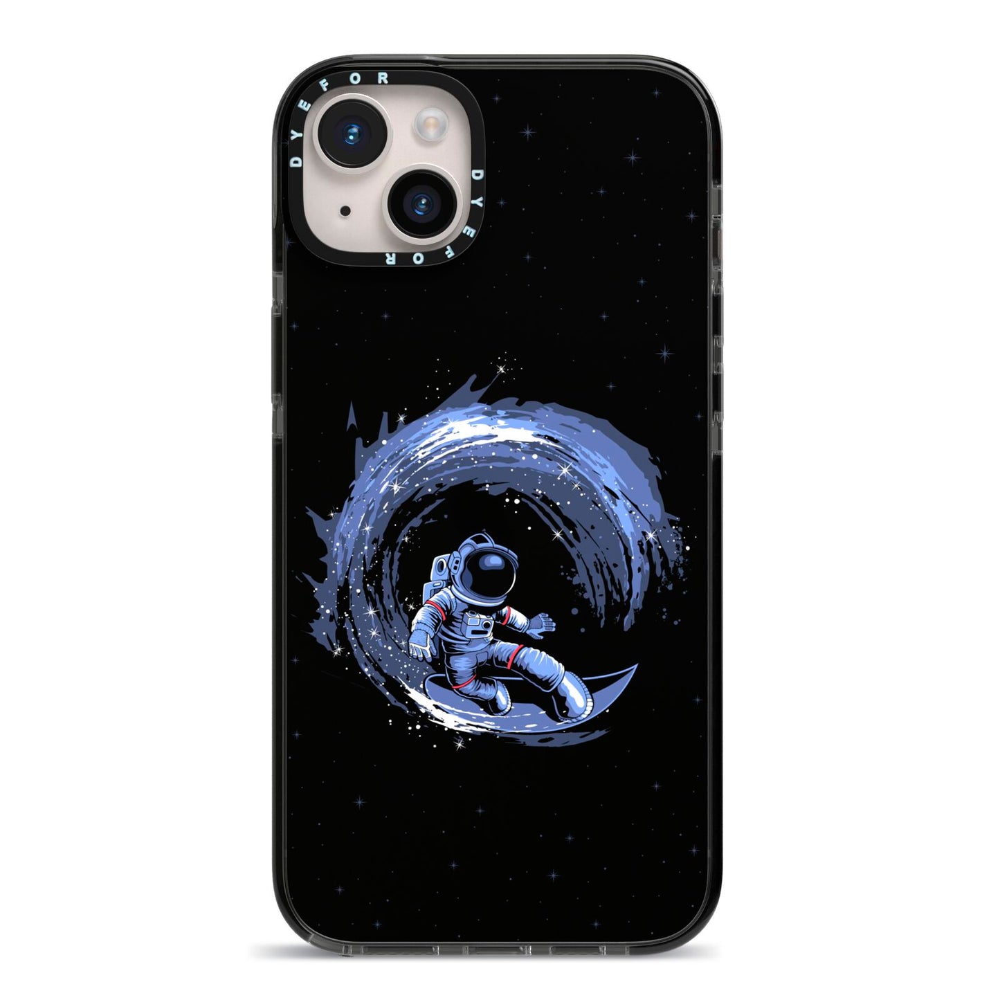 Surfing Astronaut iPhone 14 Plus Black Impact Case on Silver phone