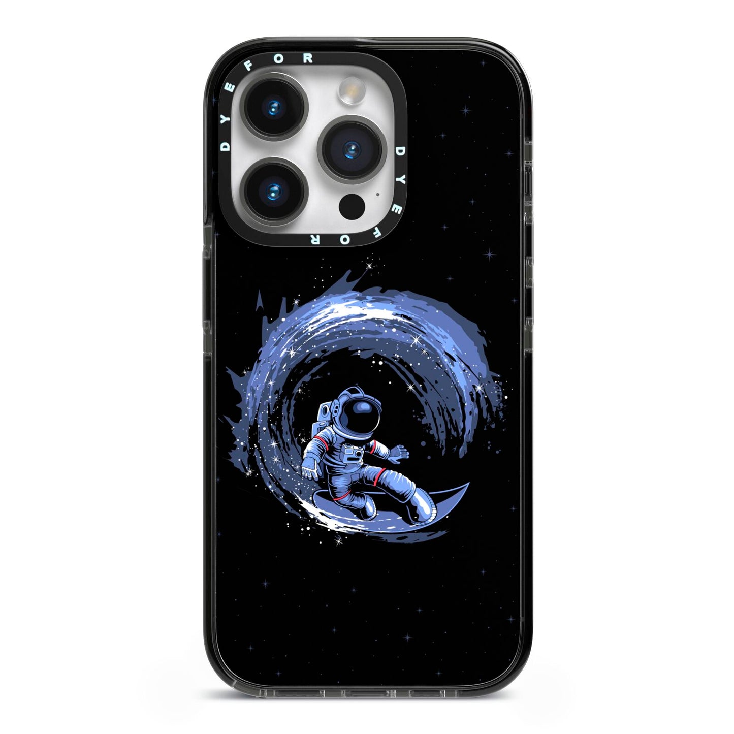 Surfing Astronaut iPhone 14 Pro Black Impact Case on Silver phone