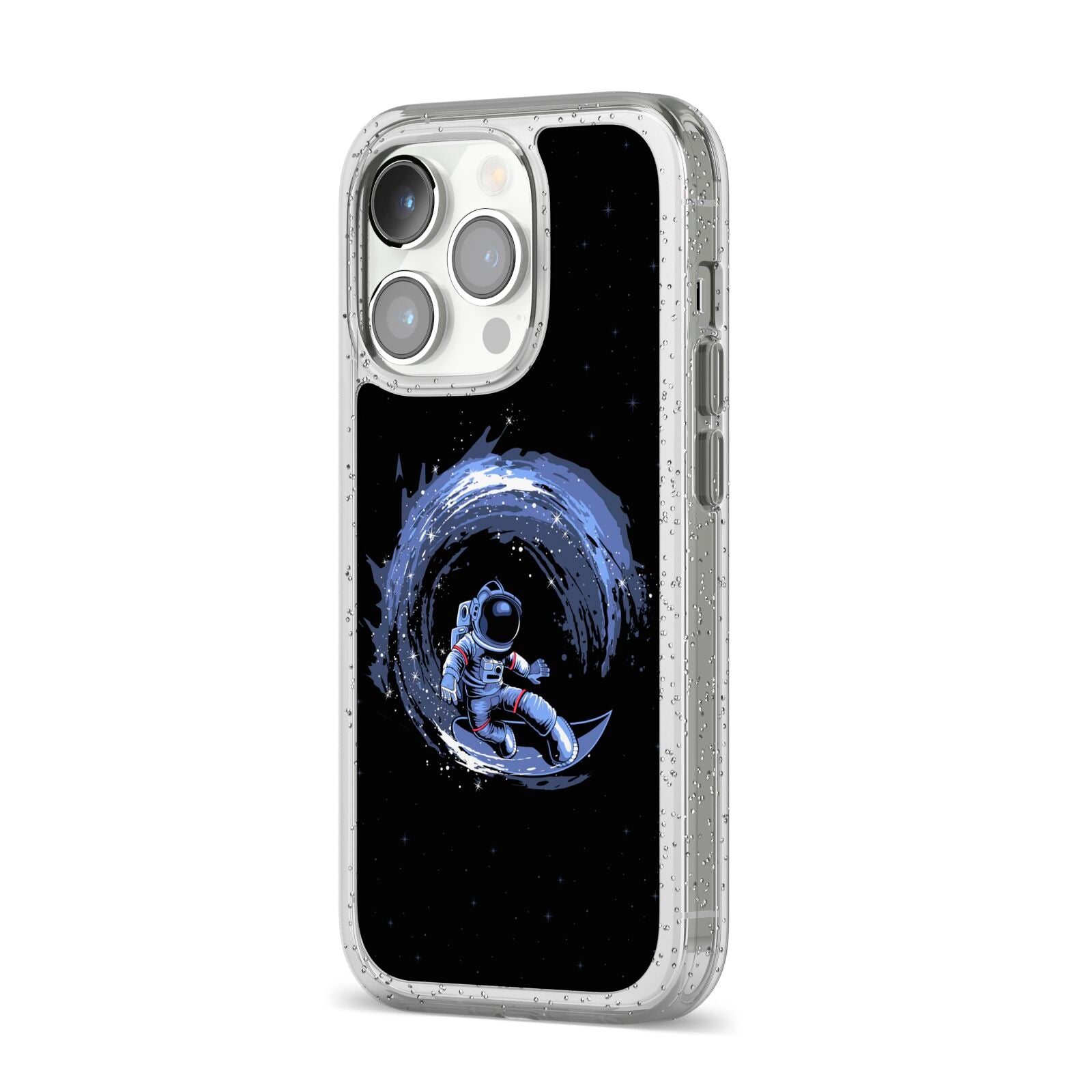 Surfing Astronaut iPhone 14 Pro Glitter Tough Case Silver Angled Image