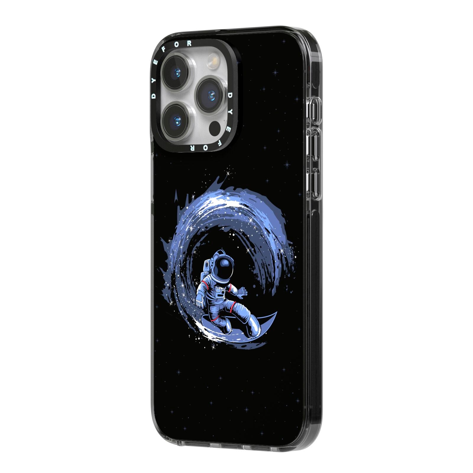 Surfing Astronaut iPhone 14 Pro Max Black Impact Case Side Angle on Silver phone