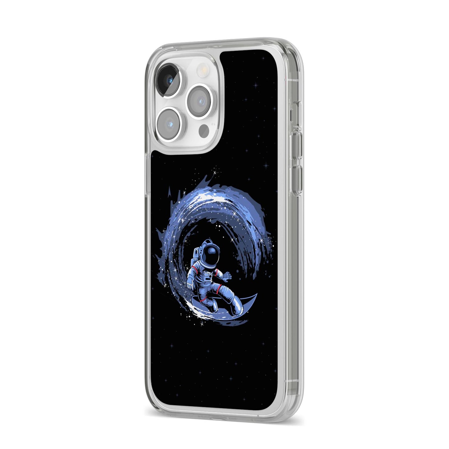 Surfing Astronaut iPhone 14 Pro Max Clear Tough Case Silver Angled Image