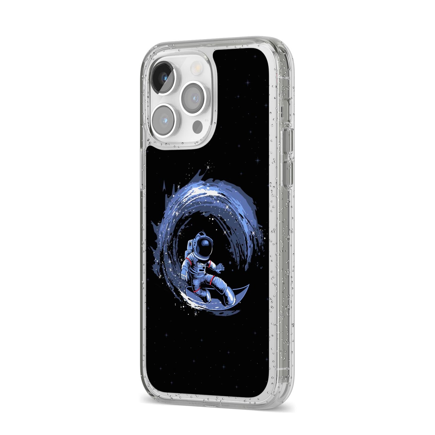 Surfing Astronaut iPhone 14 Pro Max Glitter Tough Case Silver Angled Image