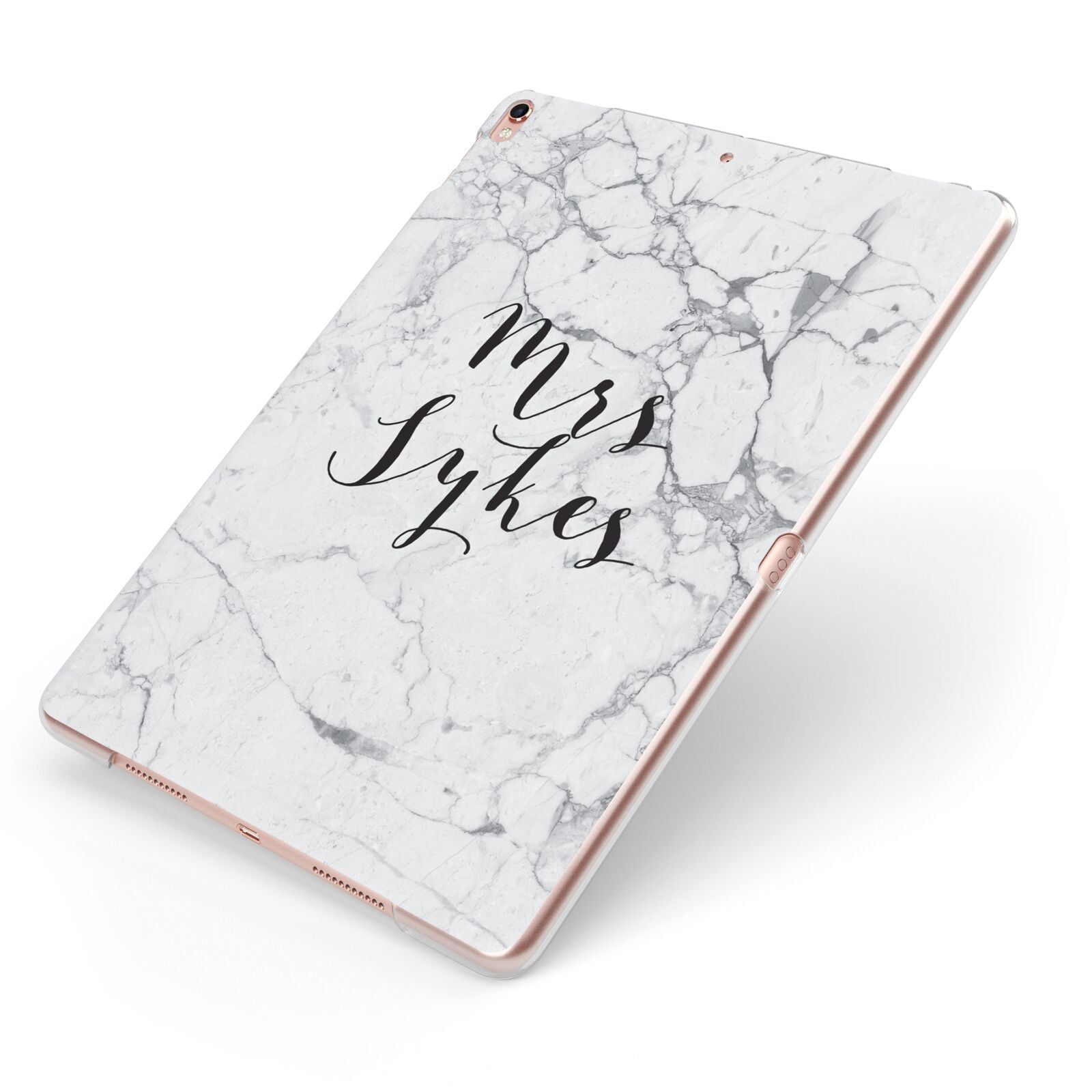 Surname Personalised Marble Apple iPad Case on Rose Gold iPad Side View