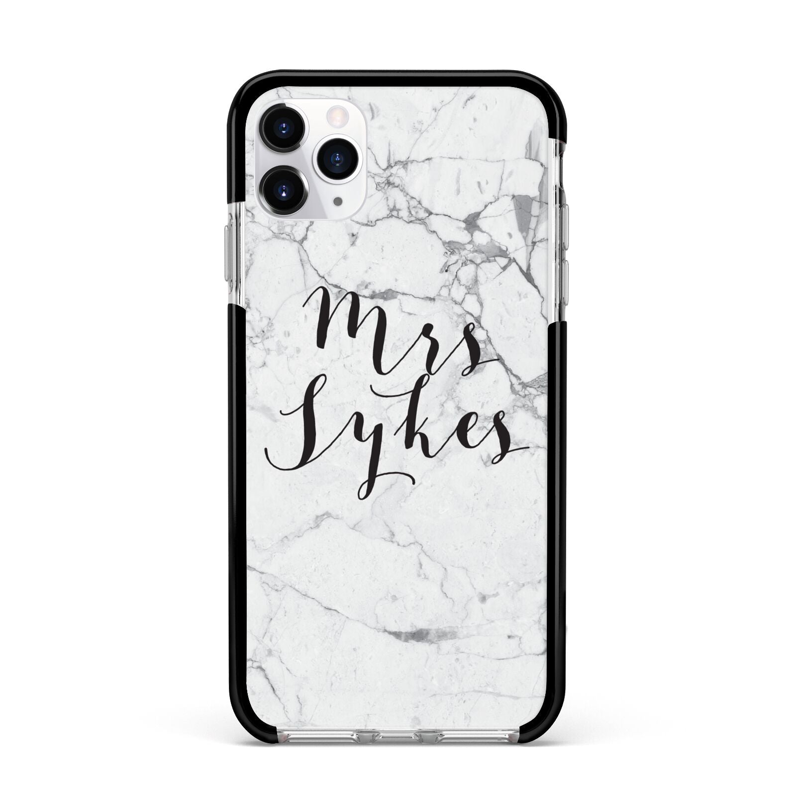 Surname Personalised Marble Apple iPhone 11 Pro Max in Silver with Black Impact Case