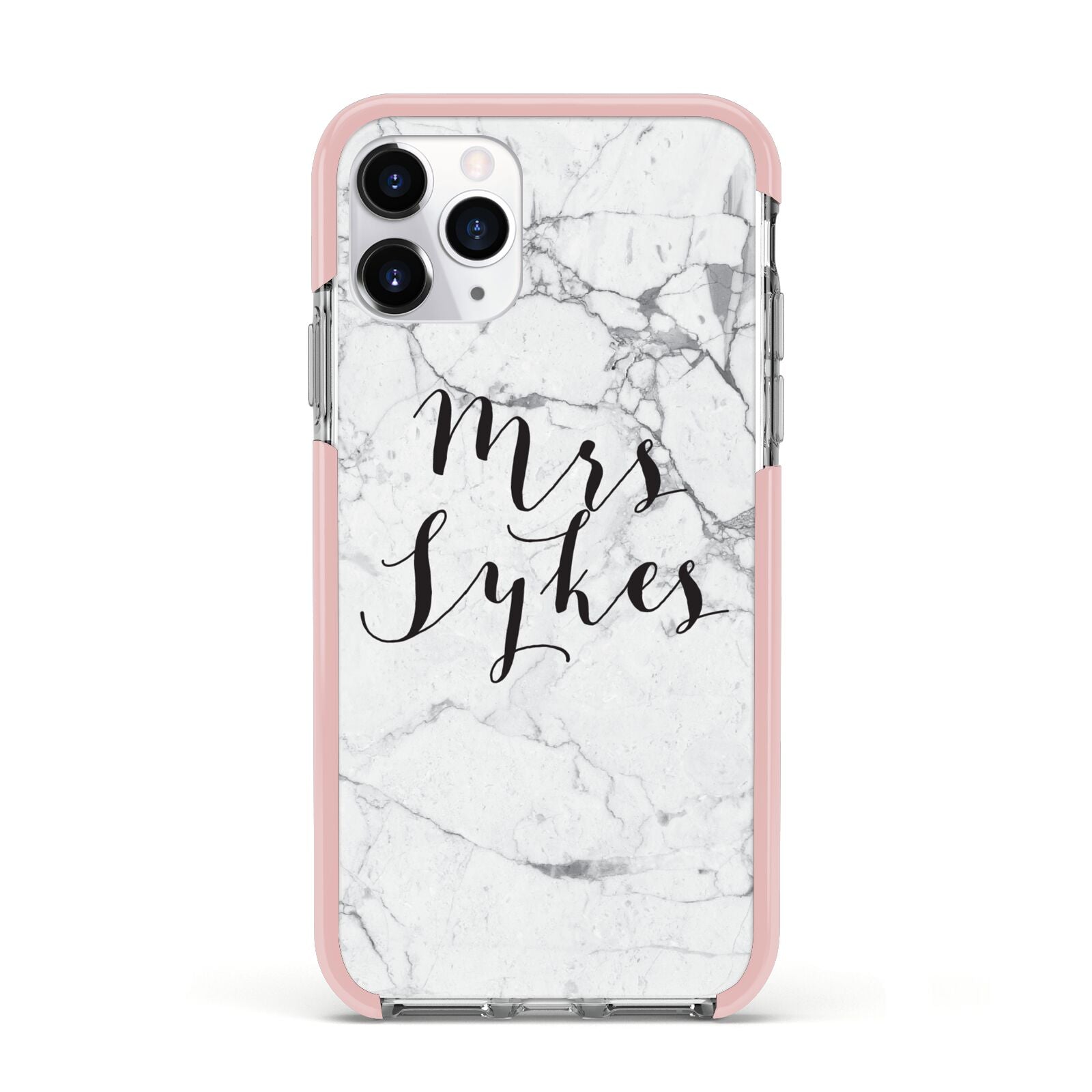 Surname Personalised Marble Apple iPhone 11 Pro in Silver with Pink Impact Case