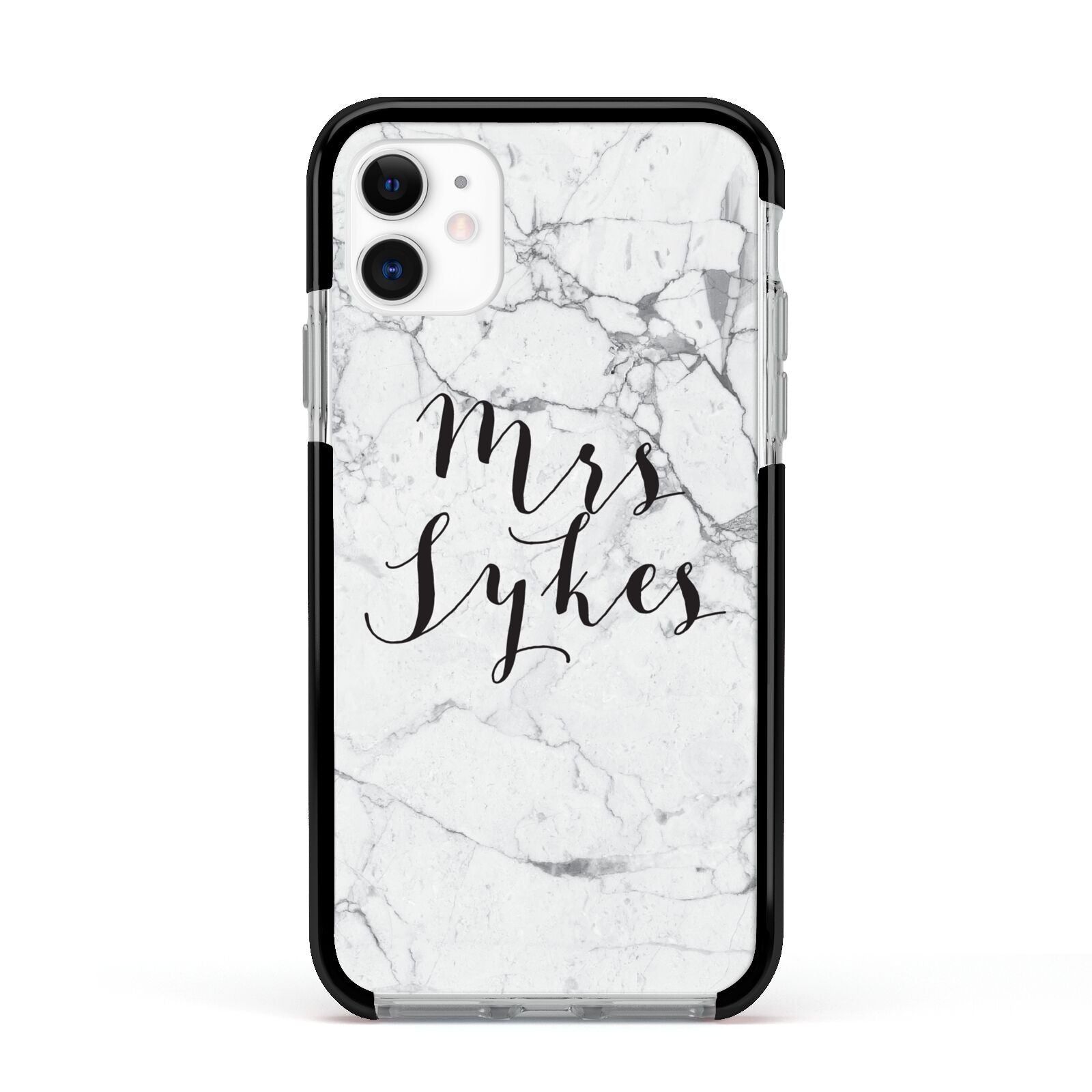 Surname Personalised Marble Apple iPhone 11 in White with Black Impact Case