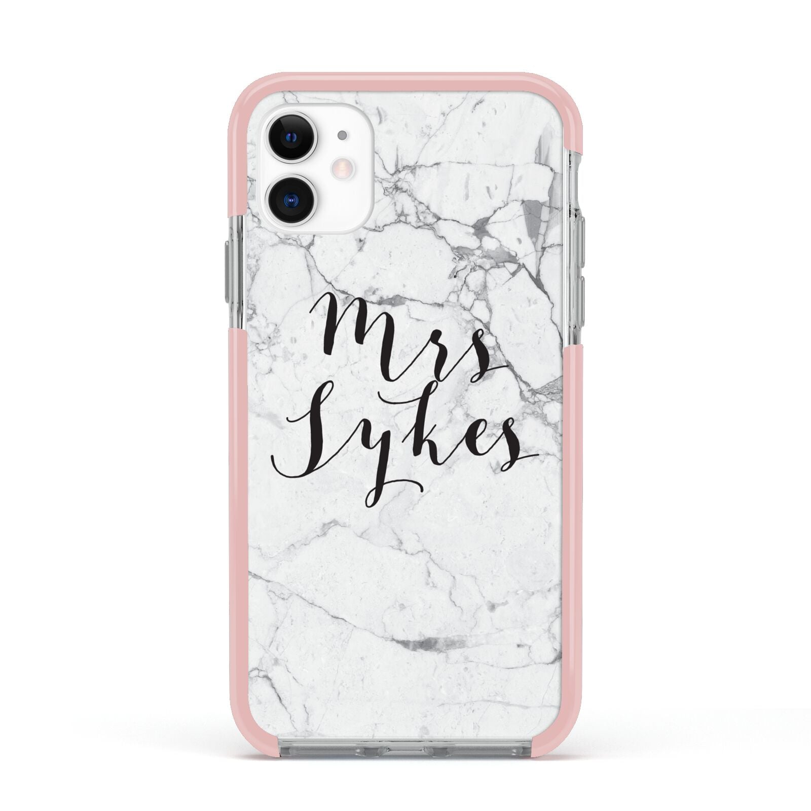 Surname Personalised Marble Apple iPhone 11 in White with Pink Impact Case